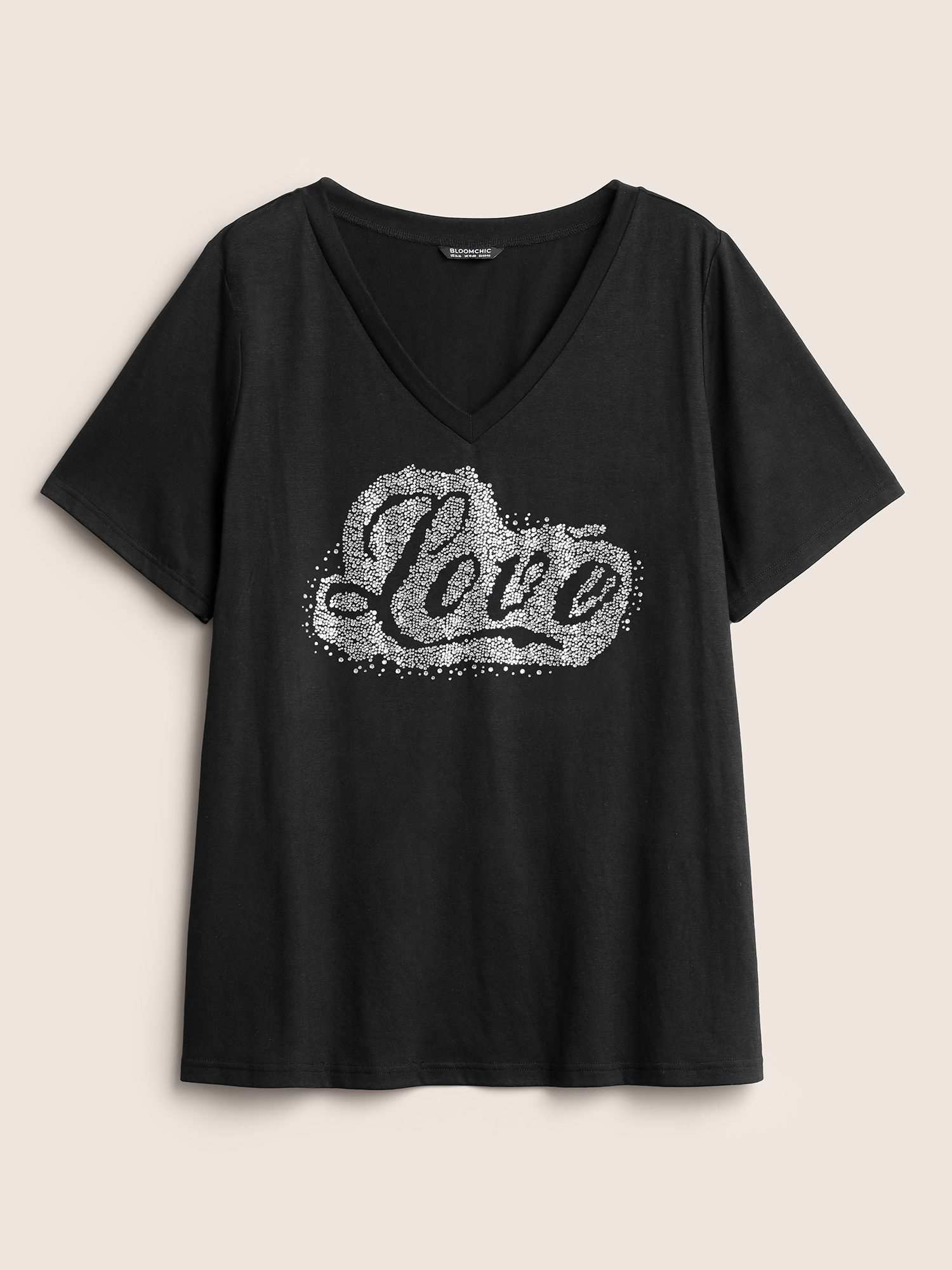 Plus Size Women Everyday Art&design Rhinestone detailing Regular Sleeve Short sleeve V-neck Casual T-shirts BloomChic 