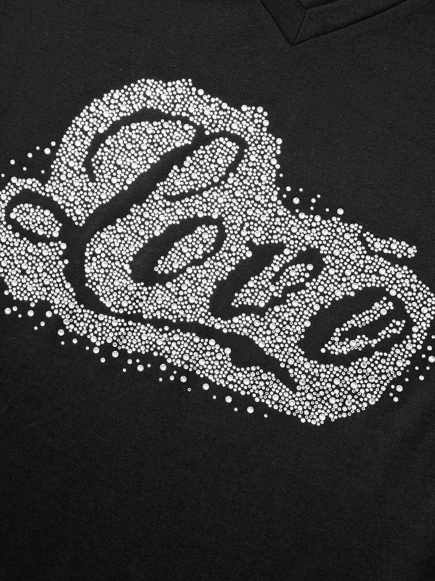 Plus Size Women Everyday Art&design Rhinestone detailing Regular Sleeve Short sleeve V-neck Casual T-shirts BloomChic 