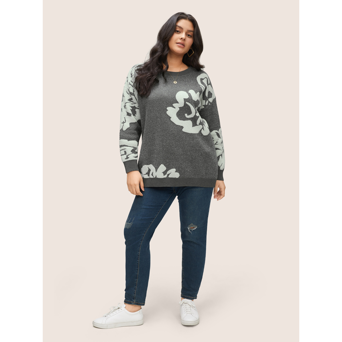 

Plus Size Supersoft Essentials Floral Contrast Heather Pullover Gray Women Casual Long Sleeve Round Neck Everyday Pullovers BloomChic