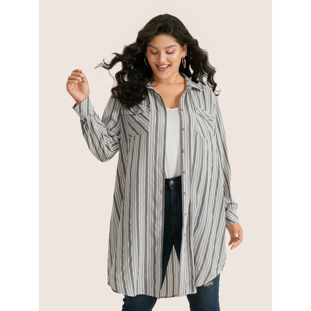 

Plus Size Black Striped Flap Detail Curved Hem Blouse Women Casual Everyday Blouses BloomChic