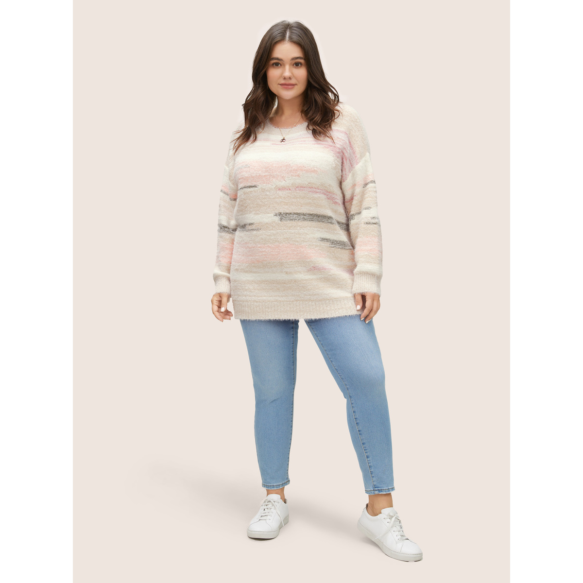 

Plus Size Asymmetrical Colorblock Crew Neck Fluffy Pullover Apricot Women Casual Long Sleeve Round Neck Everyday Pullovers BloomChic