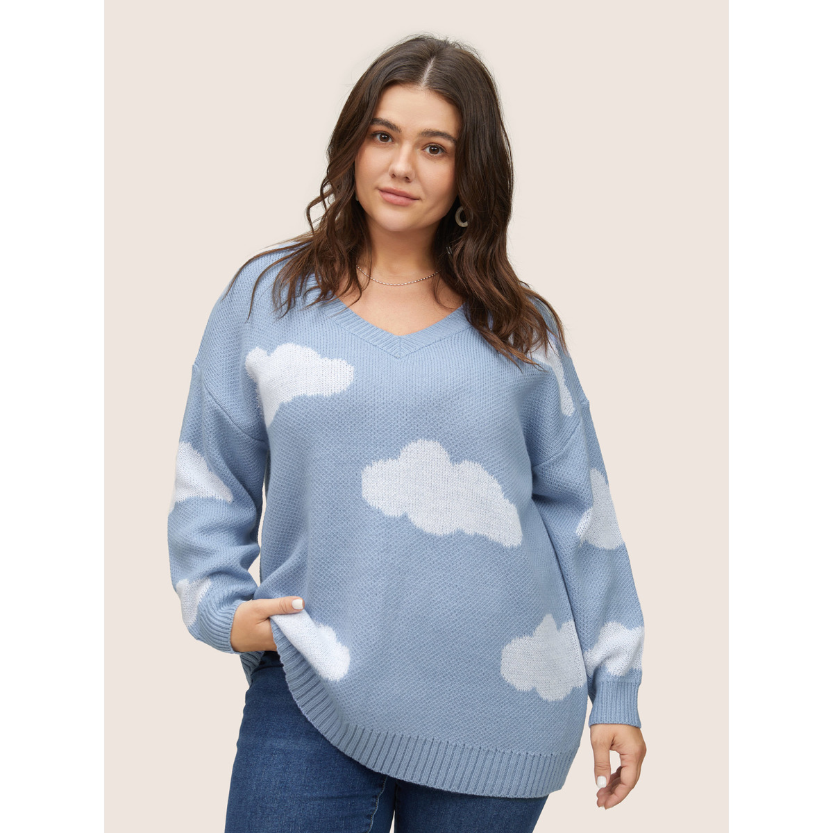 

Plus Size Blue Sky White Clouds V Neck Pullover Stone Women Casual Long Sleeve V-neck Everyday Pullovers BloomChic