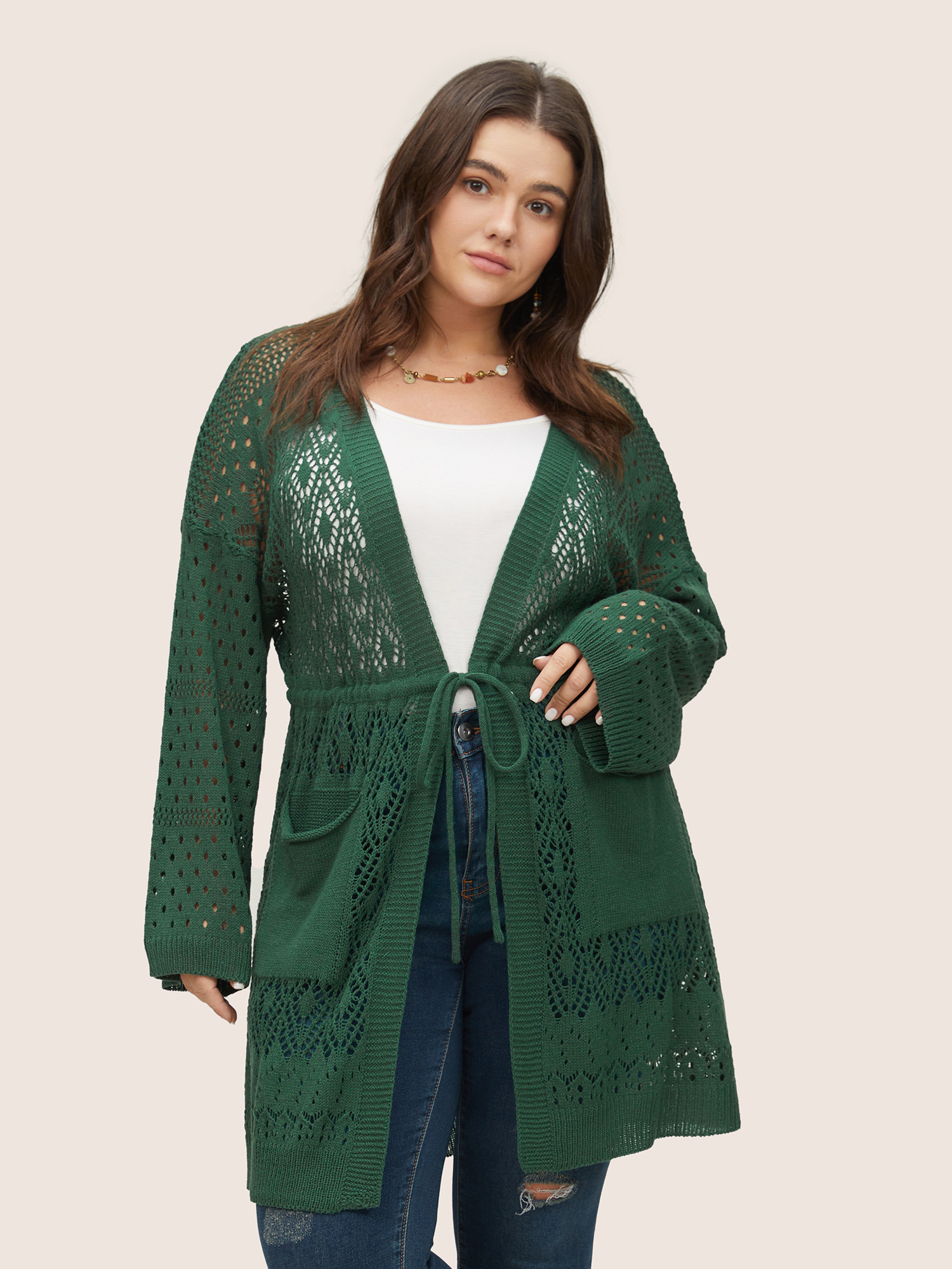 Plus Size Solid Drawstring Pocket Hollow Out Cardigan DarkGreen Women Everyday Elegant Cover Ups Bloomchic 10/M