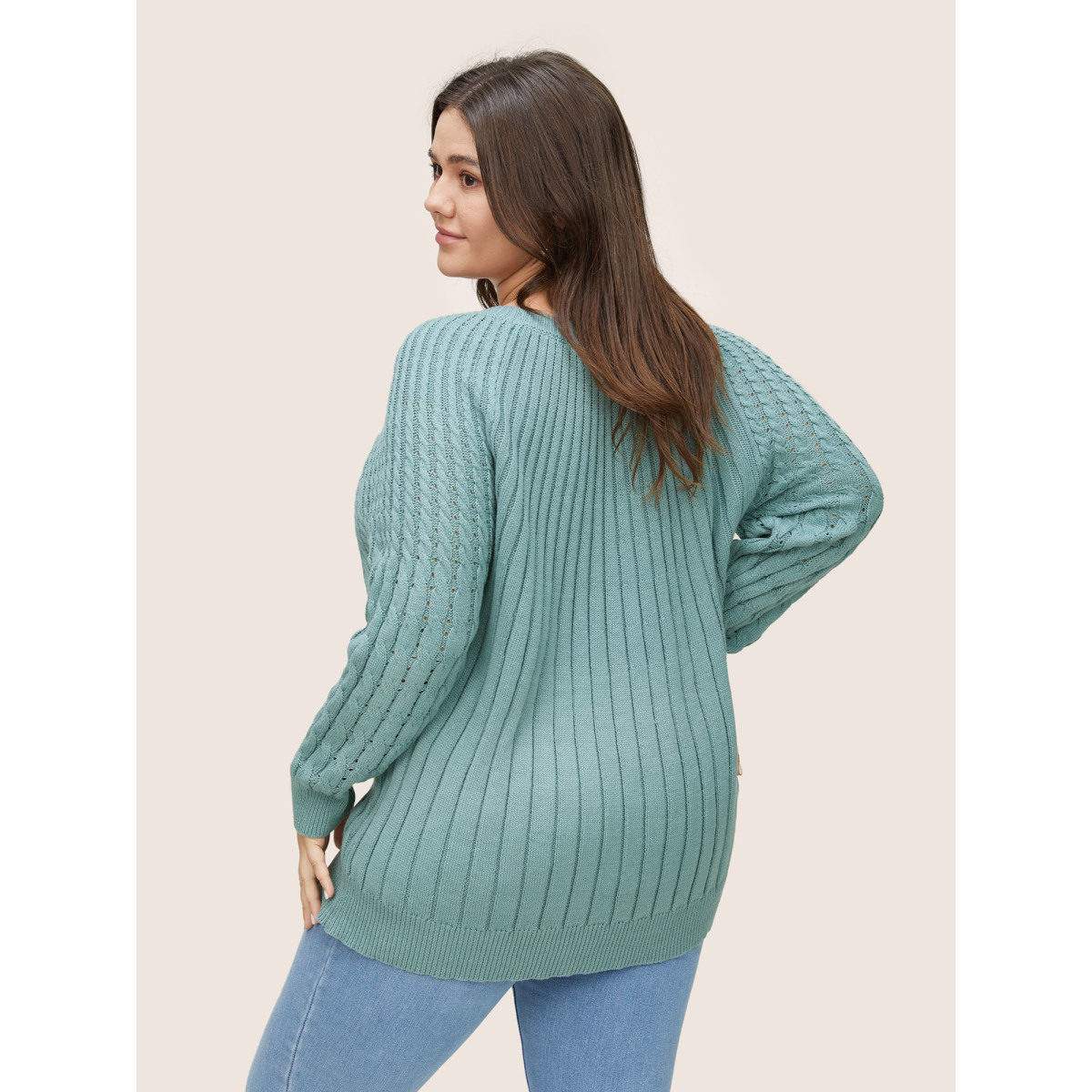 

Plus Size Cotton Blended Cable Knit Raglan Sleeve Pullover Teal Women Casual Long Sleeve Round Neck Everyday Pullovers BloomChic