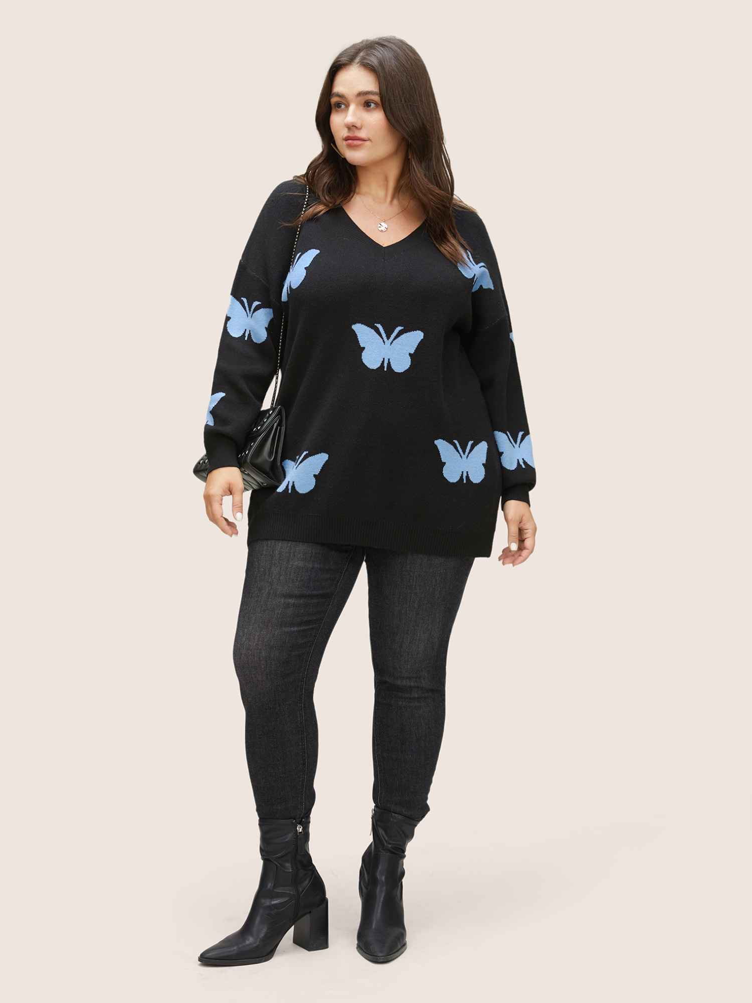 

Plus Size Supersoft Essentials Butterfly Drop Shoulder Pullover Black Women Casual Long Sleeve V-neck Everyday Pullovers BloomChic