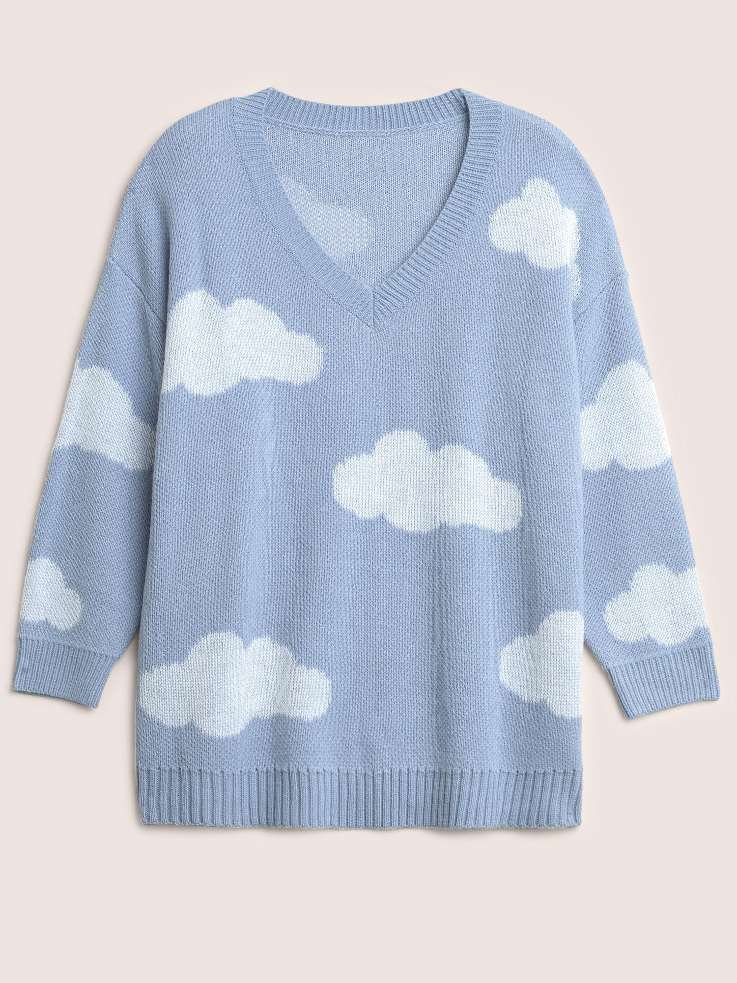 

Plus Size Blue Sky White Clouds V Neck Pullover Stone Women Casual Long Sleeve V-neck Everyday Pullovers BloomChic