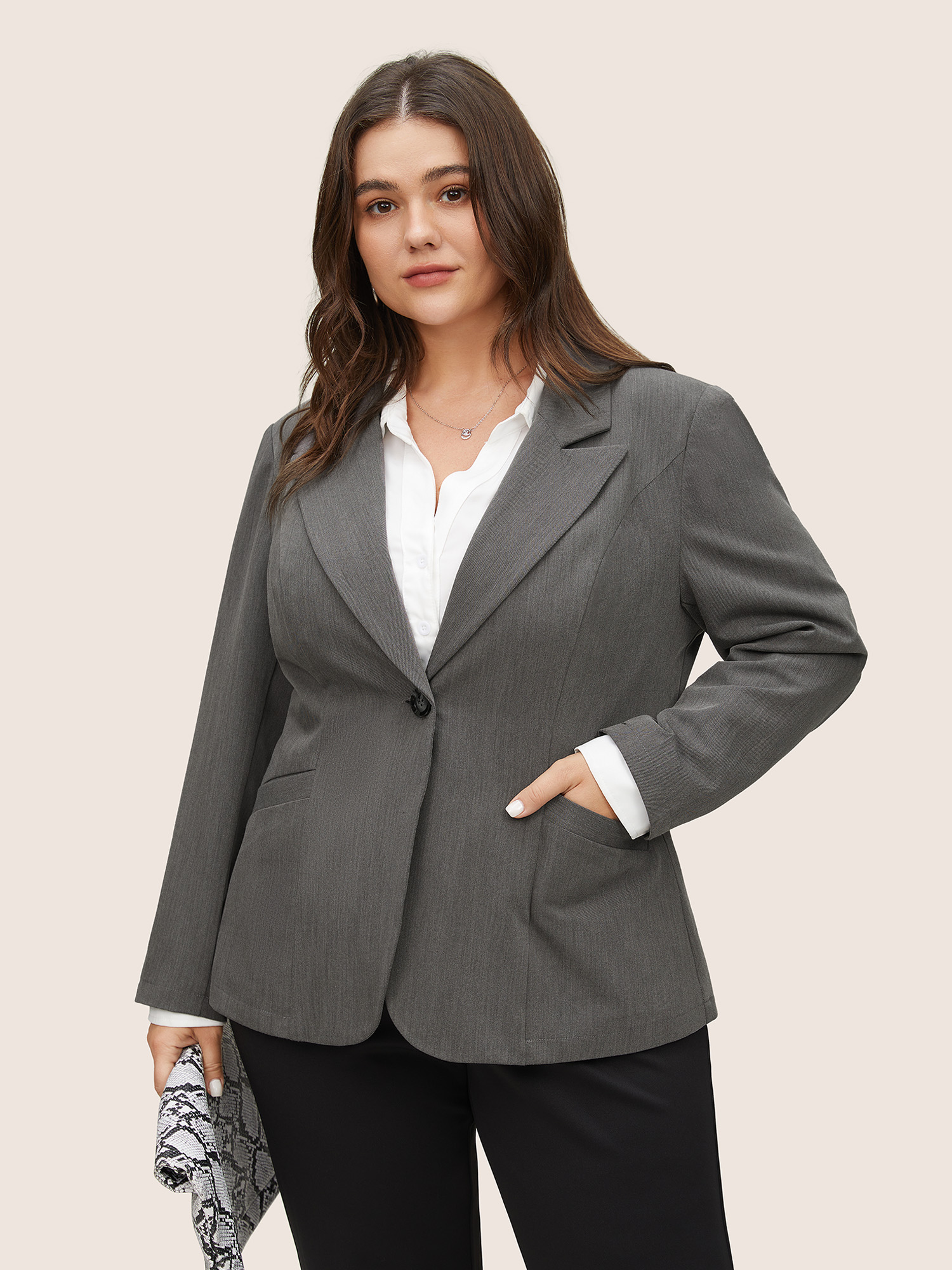 

Plus Size Plain Suit Collar Pocket Fit Blazer Gray Women Work Plain Texture Sleeve Long Sleeve Suit Collar  Slanted pocket Workwear Essentials Blazers BloomChic