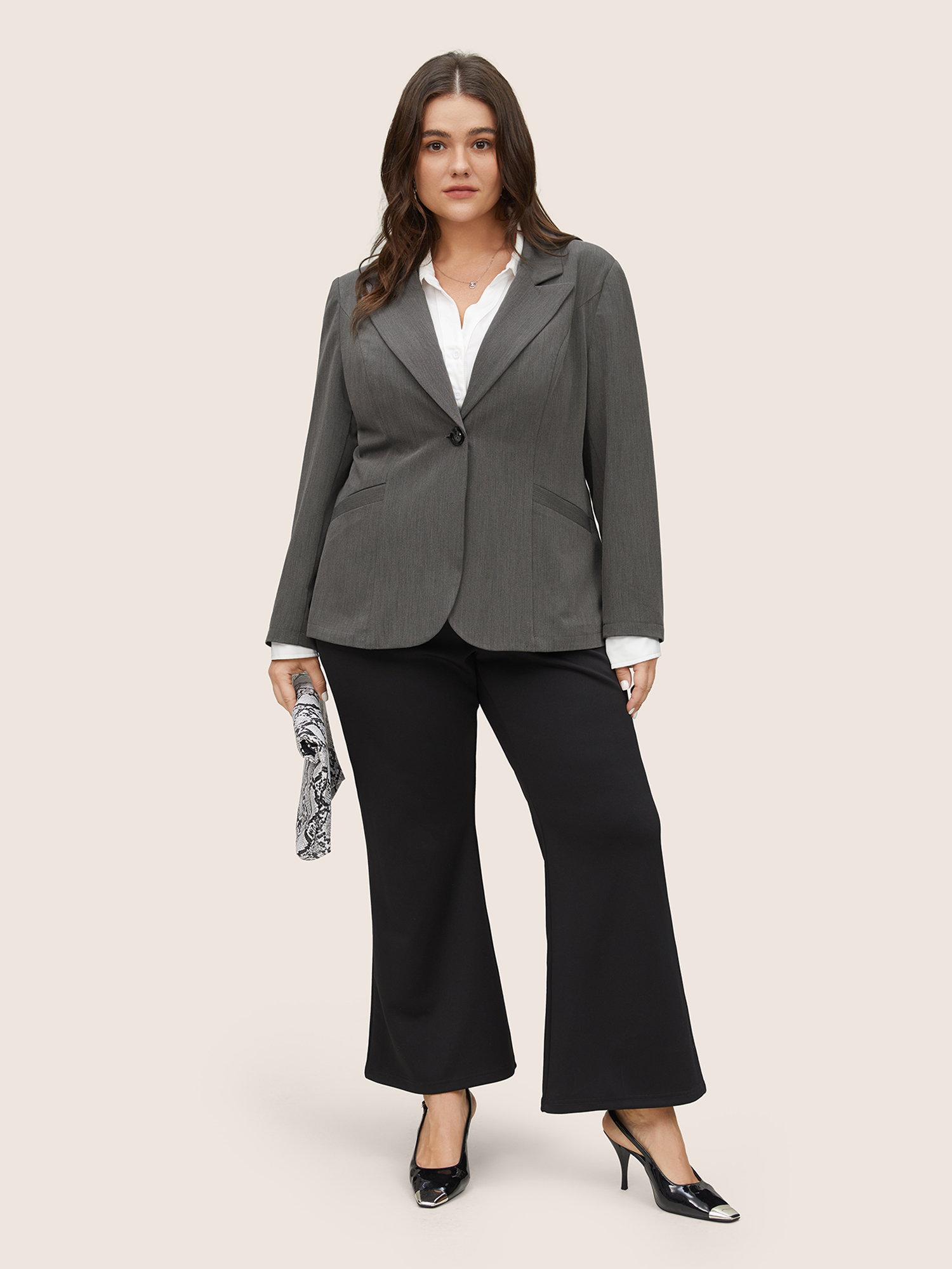 Plus Size Plain Suit Collar Pocket Fit Blazer Gray Women Work Plain Texture Sleeve Long Sleeve Suit Collar 14-16/1X Slanted pocket Workwear Essentials Blazers BloomChic 