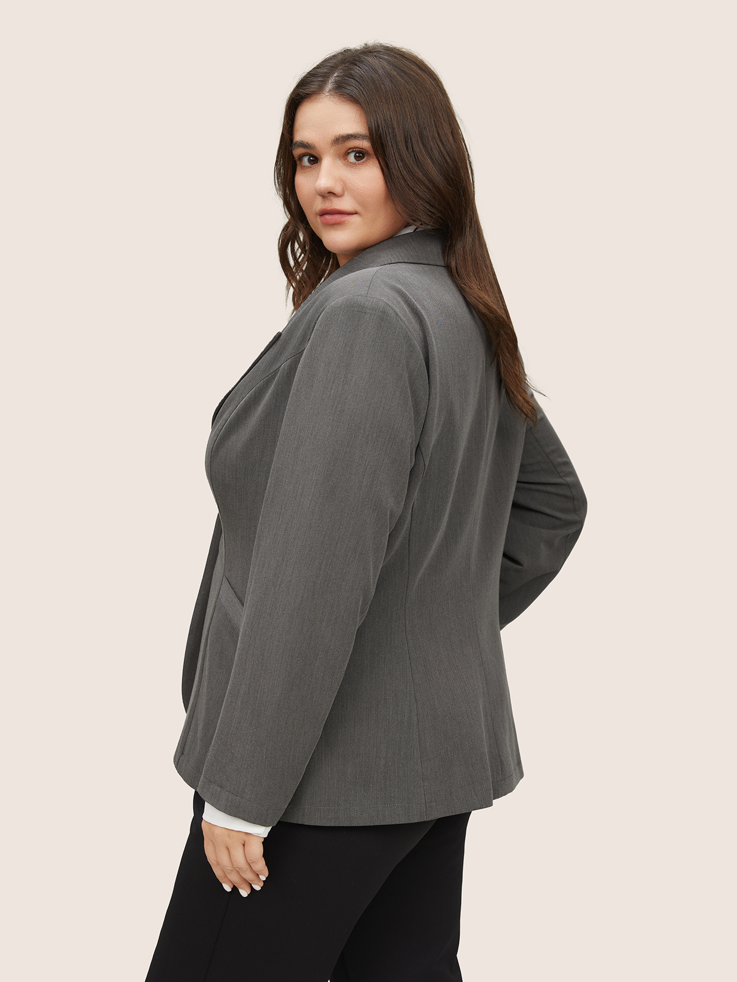 Plus Size Plain Suit Collar Pocket Fit Blazer Gray Women Work Plain Texture Sleeve Long Sleeve Suit Collar 14-16/1X Slanted pocket Workwear Essentials Blazers BloomChic 