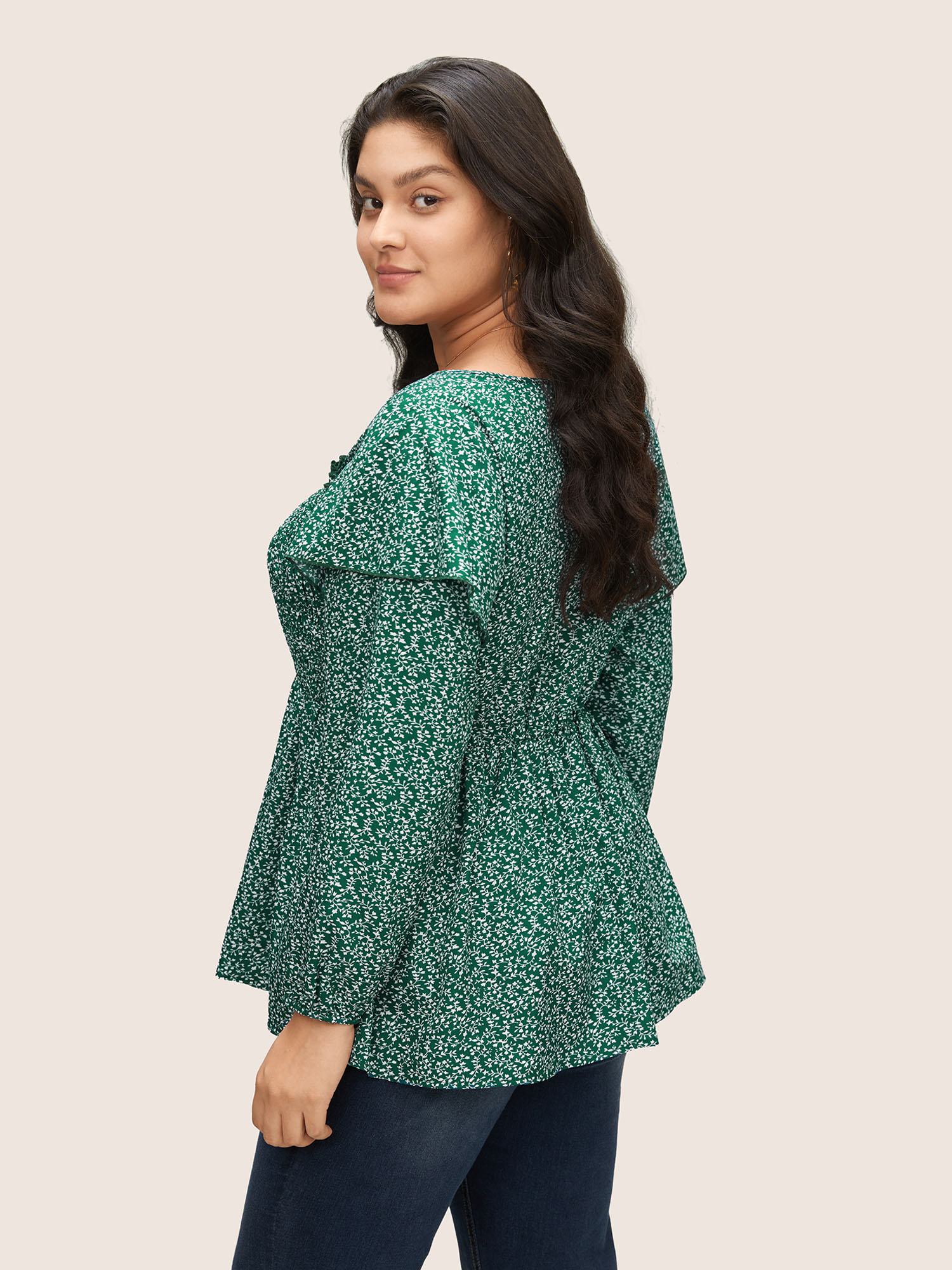 

Plus Size DarkGreen Ditsy Floral Shirred Tiered Ruffles Blouse Women Elegant Long Sleeve Square Neck Everyday Blouses BloomChic