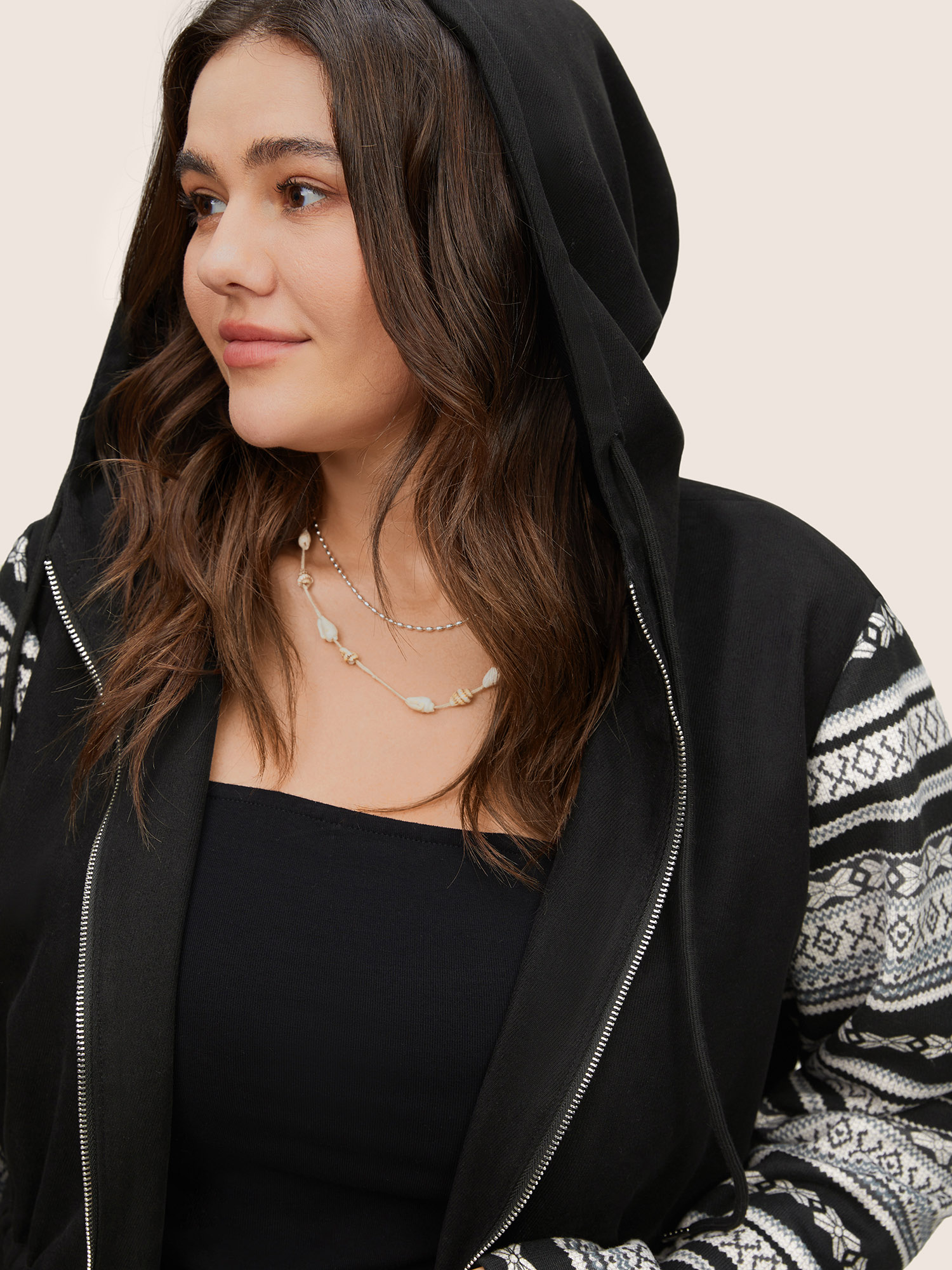 

Plus Size Geometric Drawstring Patchwork Hooded Jacket Women Black Non Open pocket with flap Everyday Jackets BloomChic