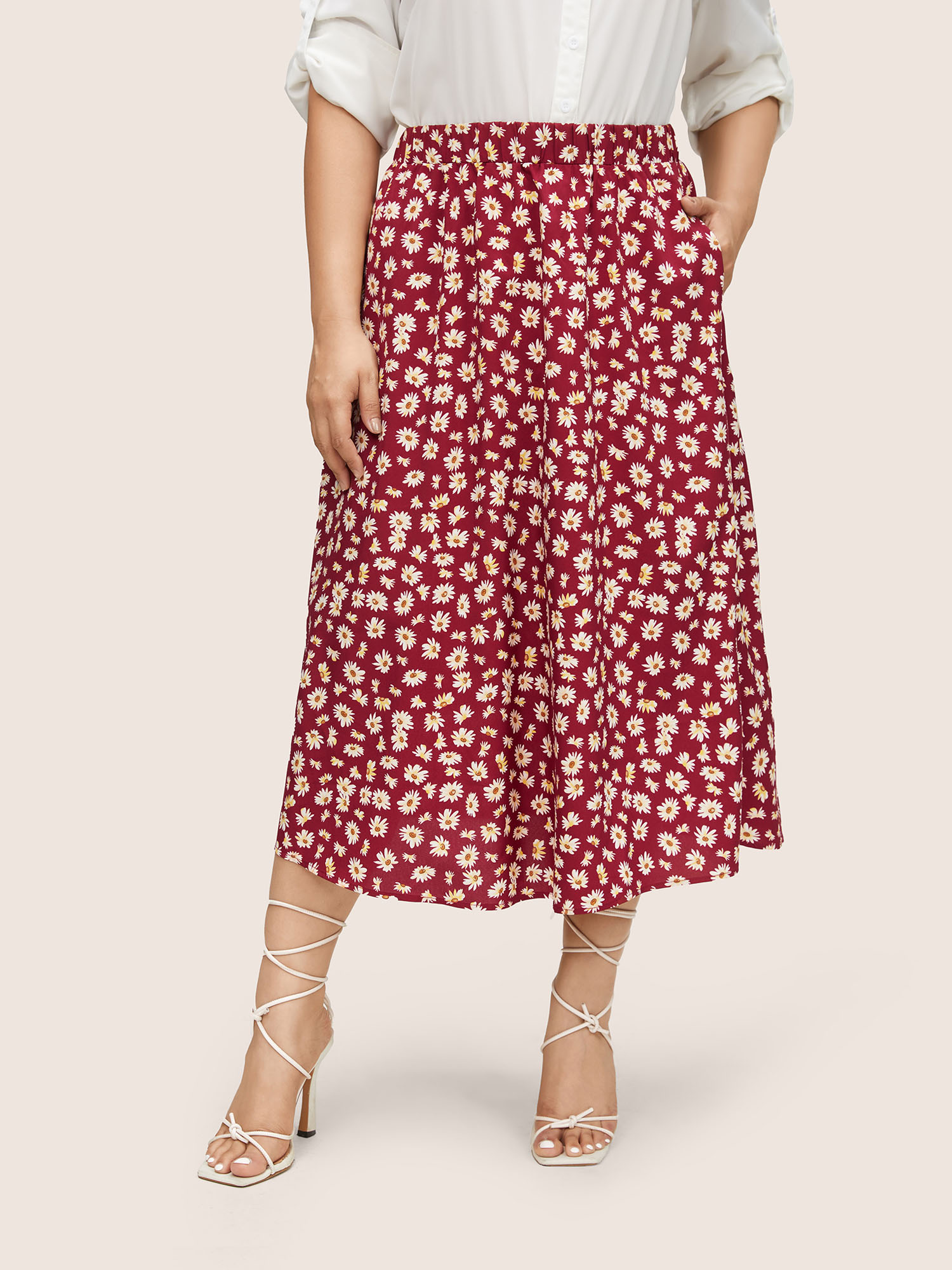 

Plus Size Ditsy Floral Elastic Waist Pocket Midi Skirt Women RedViolet Elegant Non No stretch Slanted pocket Everyday Skirts BloomChic