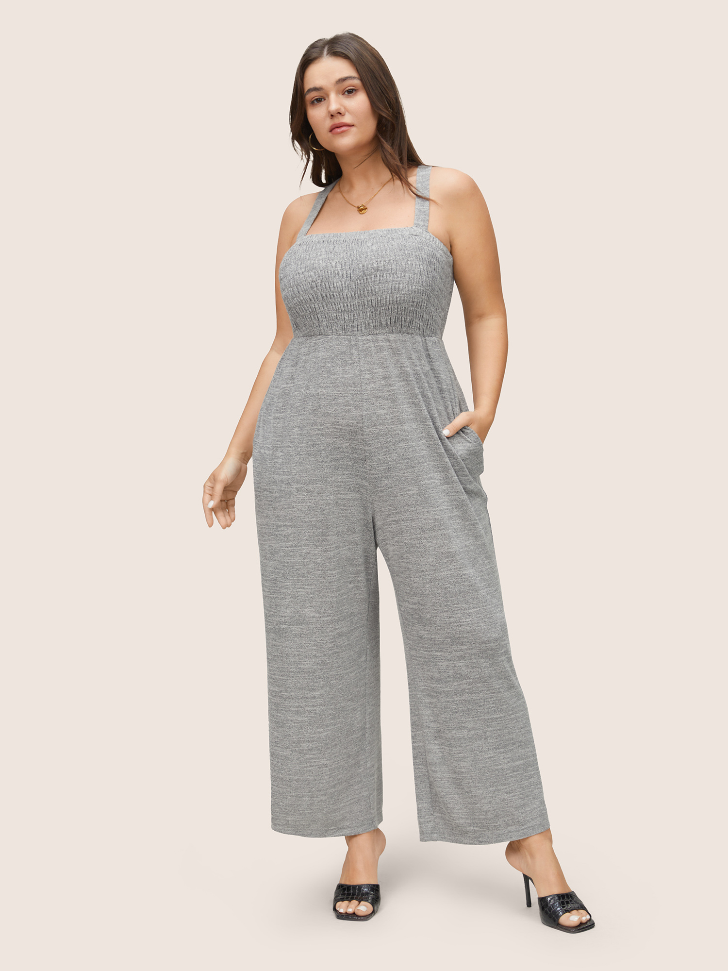 Plus Size DarkGray Plain Shirred Pocket Adjustable Straps Jumpsuit Women Casual Sleeveless Non Everyday Loose Jumpsuits BloomChic 18-20/2X