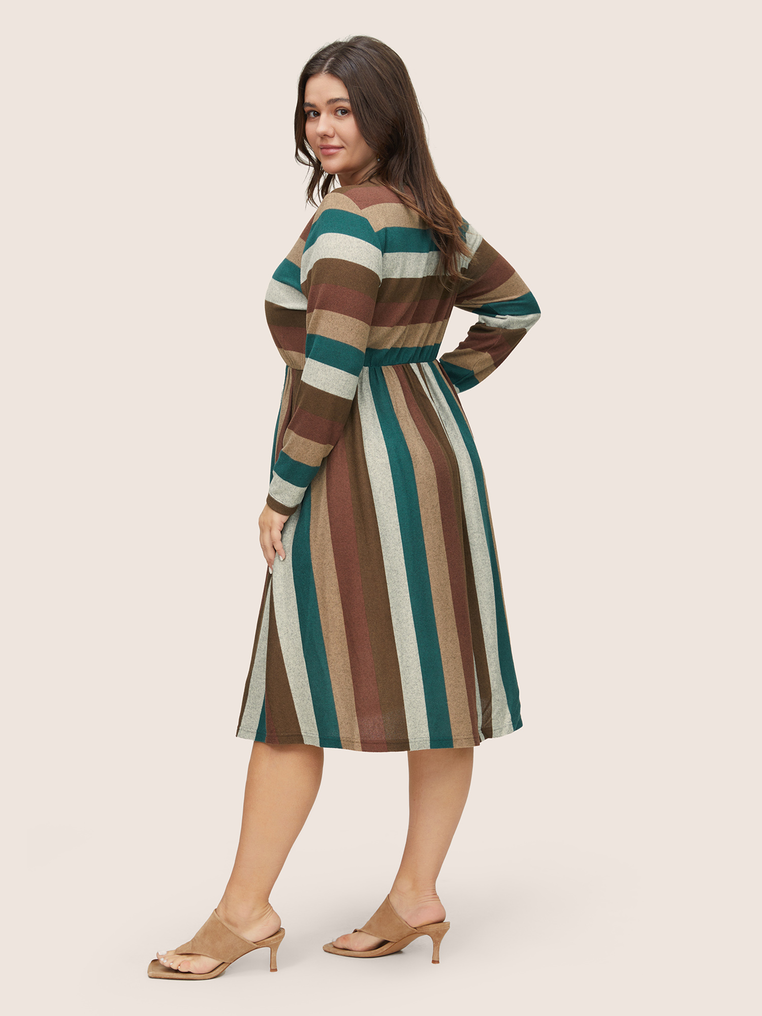 

Plus Size Contrast Striped Pocket V Neck Dress Multicolor Women Casual Non V-neck Long Sleeve Curvy Knee Dress BloomChic