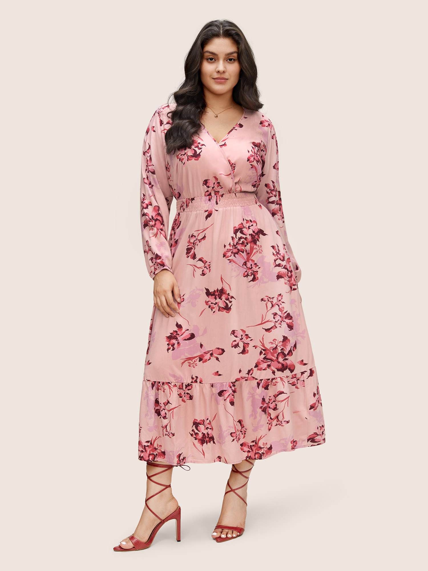 

Plus Size Floral Print Surplice Neck Ruffle Layered Hem Dress Pink Women Non Curvy Midi Dress BloomChic