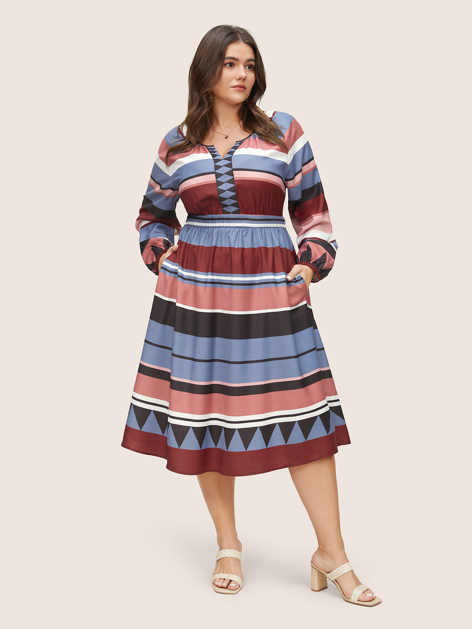 

Plus Size Colorblock Geometric Notched Pocket Elastic Cuffs Dress Multicolor Women Resort Non Notched collar Long Sleeve Curvy Midi Dress BloomChic