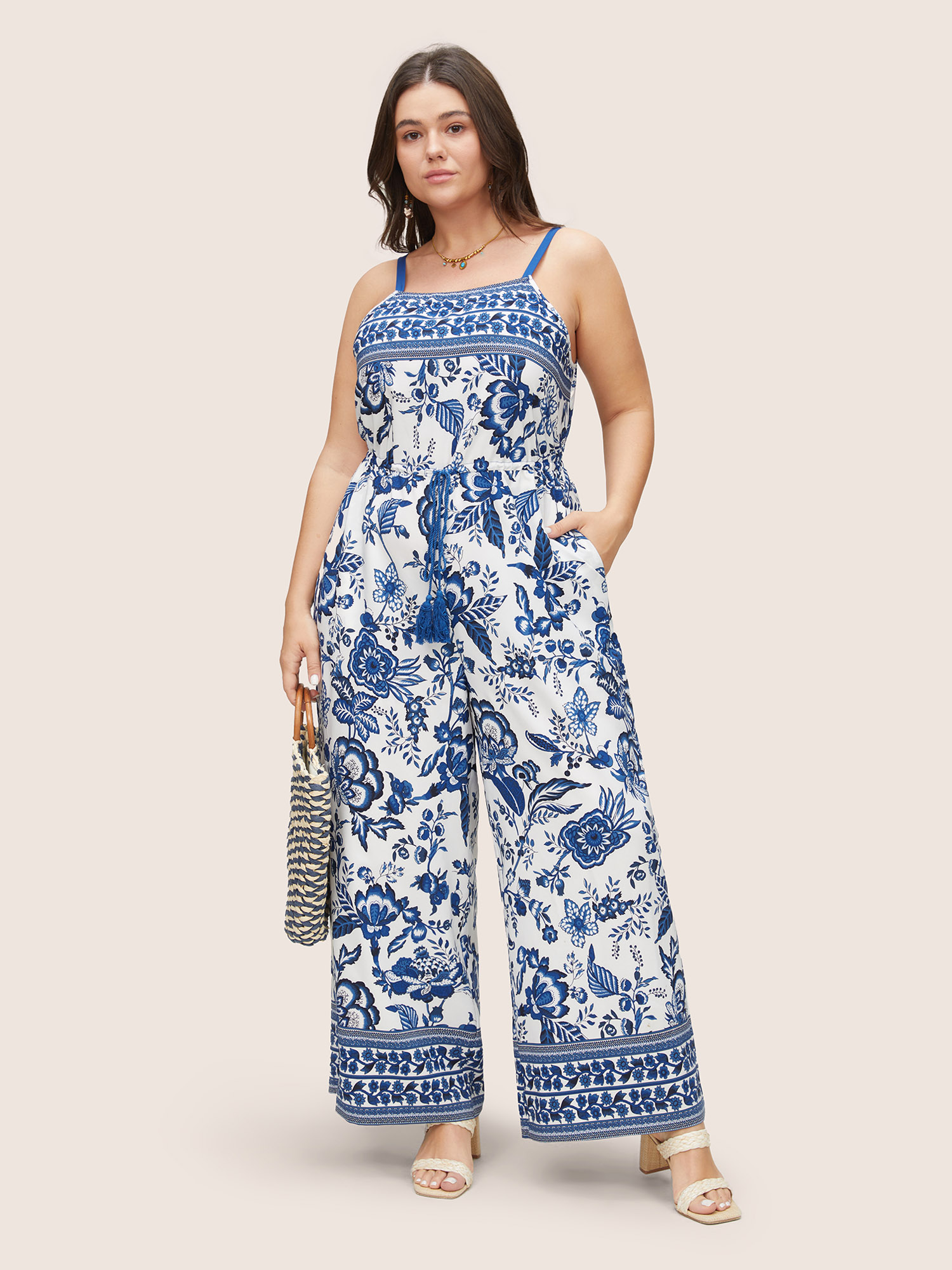 Plus Size Blue Bandana Print Pocket Tassels Drawstring Cami Jumpsuit Women Resort Sleeveless Spaghetti Strap Vacation Loose Jumpsuits BloomChic 28/5X 
