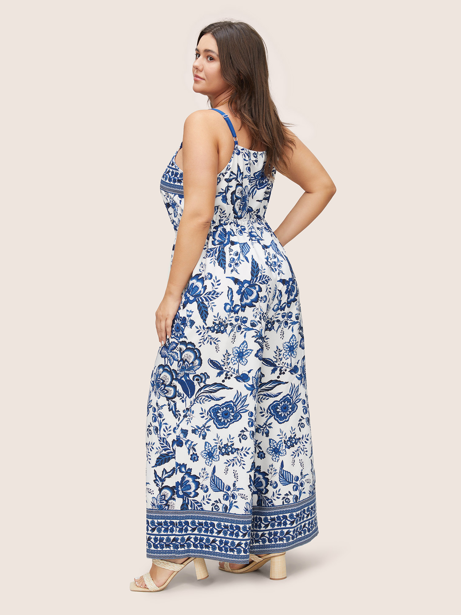 Plus Size Blue Bandana Print Pocket Tassels Drawstring Cami Jumpsuit Women Resort Sleeveless Spaghetti Strap Vacation Loose Jumpsuits BloomChic 28/5X 