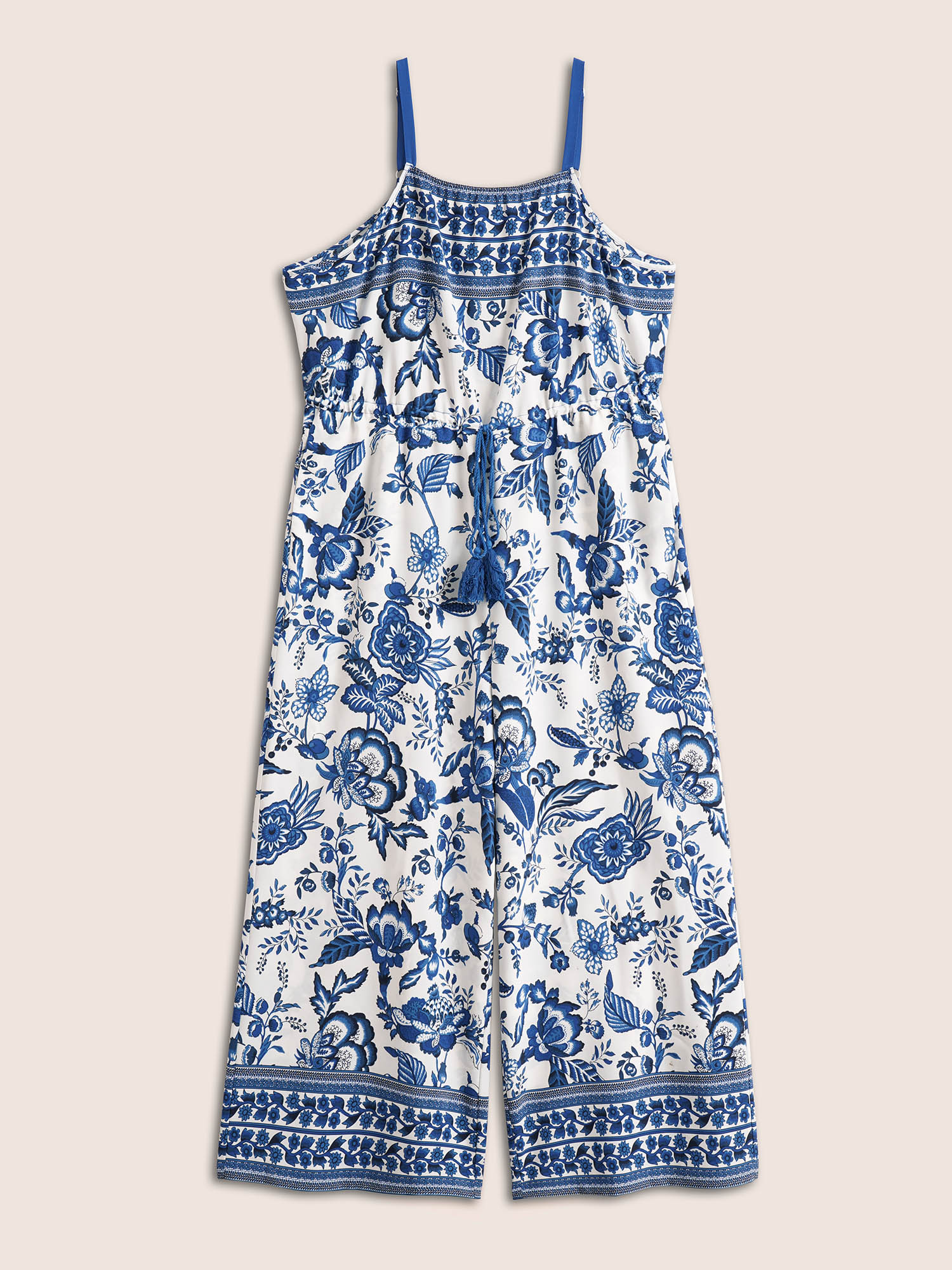 Plus Size Blue Bandana Print Pocket Tassels Drawstring Cami Jumpsuit Women Resort Sleeveless Spaghetti Strap Vacation Loose Jumpsuits BloomChic 28/5X 