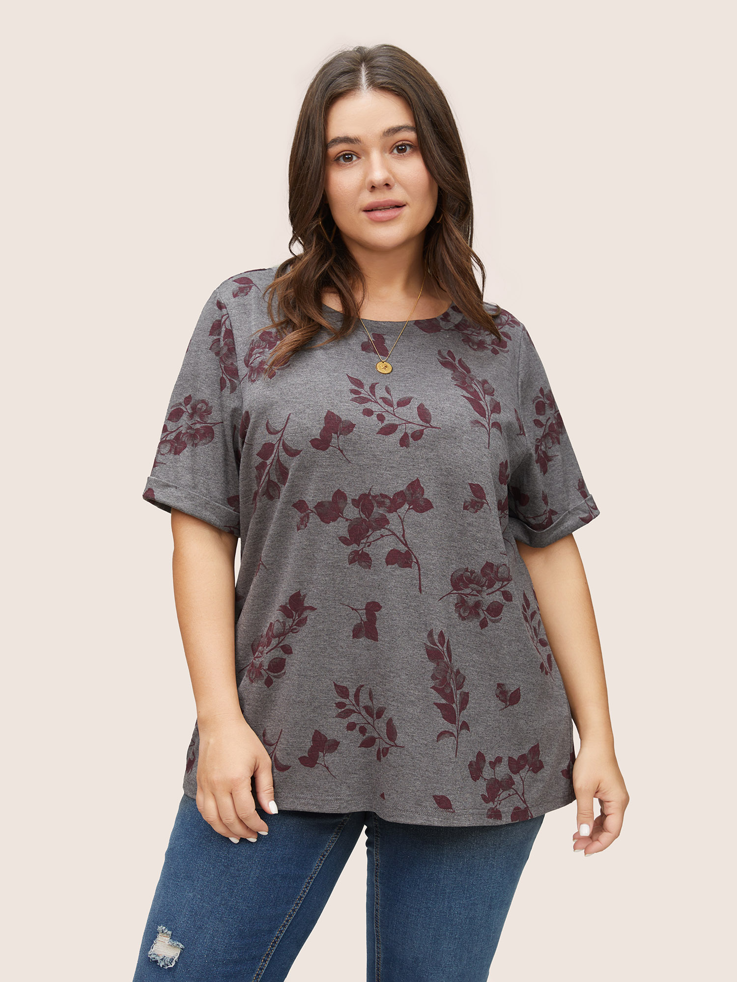 

Plus Size Plants Print Roll Hem T-shirt DimGray Women Casual Non Plants Round Neck Everyday T-shirts BloomChic