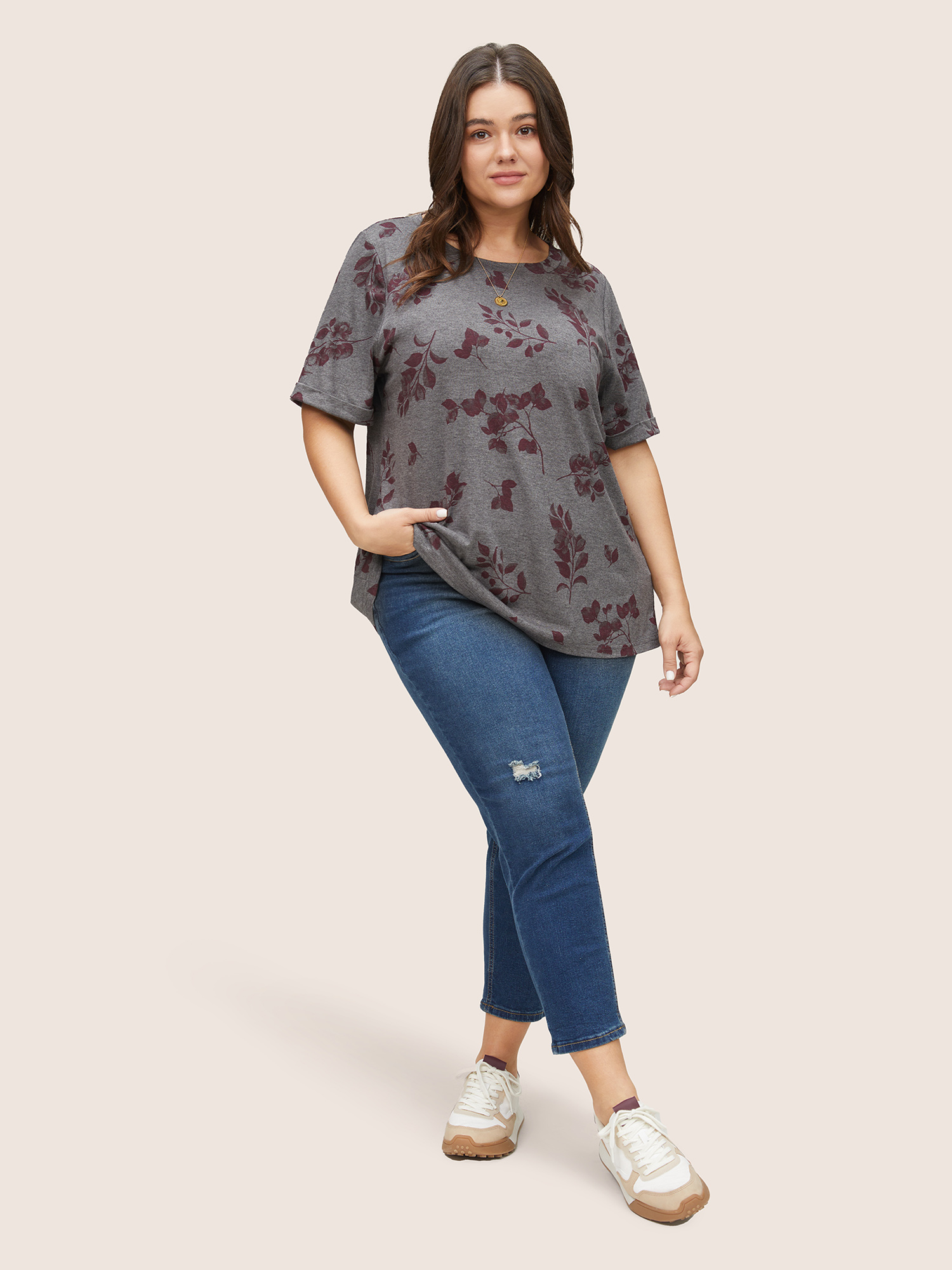 Plus Size Women Everyday Plants Roll Hem Regular Sleeve Short sleeve Round Neck Casual T-shirts BloomChic 