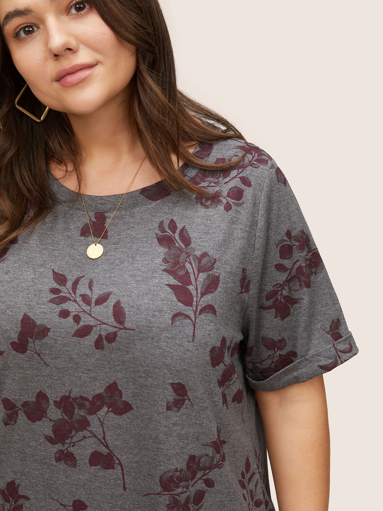 Plus Size Women Everyday Plants Roll Hem Regular Sleeve Short sleeve Round Neck Casual T-shirts BloomChic 