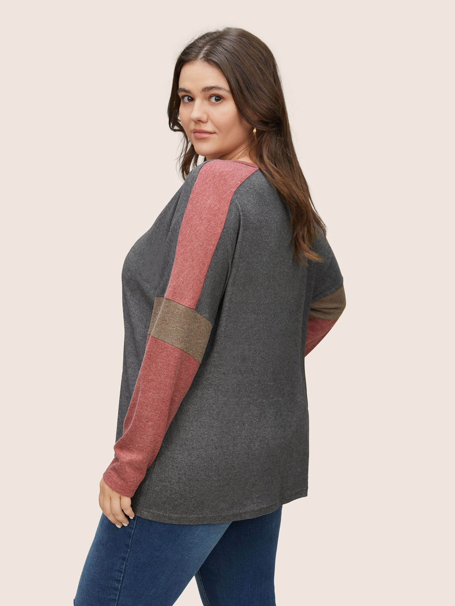 Plus Size Women Everyday Plain Patchwork Dolman Sleeve Long Sleeve Notched collar Casual T-shirts BloomChic 