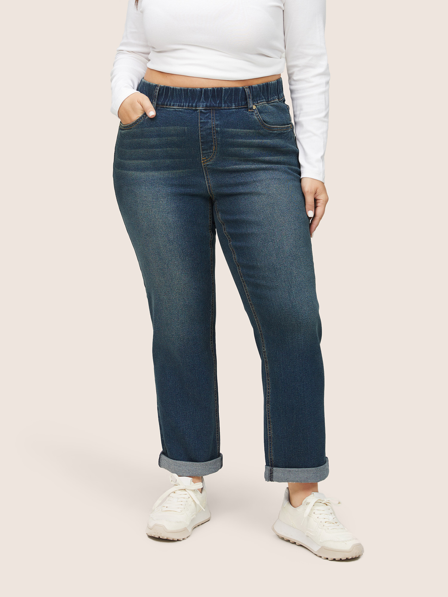 

Plus Size Elastic Waist Roll Hem Ankle Jeans Women Aegean Casual Plain Non High stretch Slanted pocket Jeans BloomChic