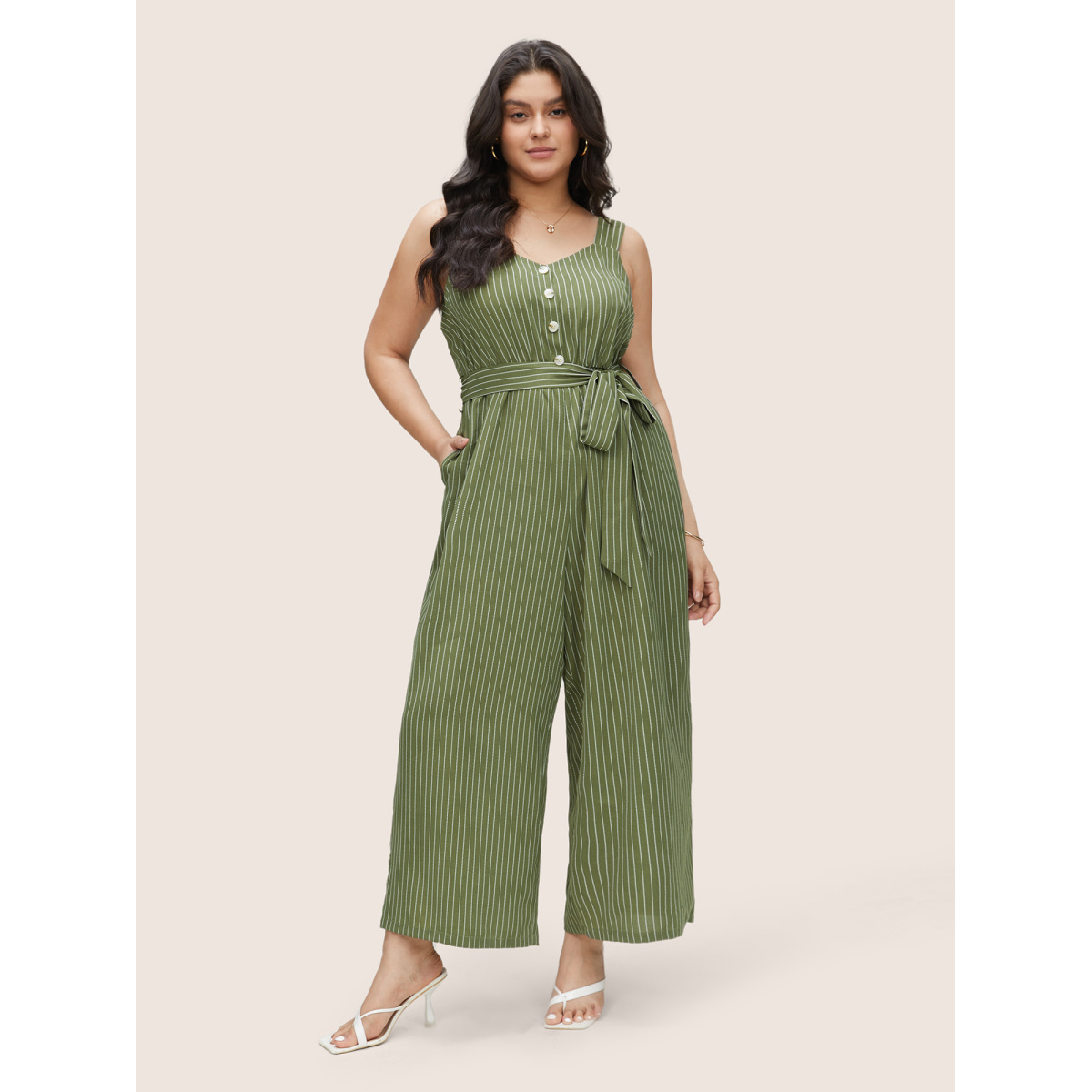 

Plus Size Moss Striped Belted Elastic Waist Adjustable Straps Jumpsuit Women Casual Non Everyday Loose Jumpsuits BloomChic