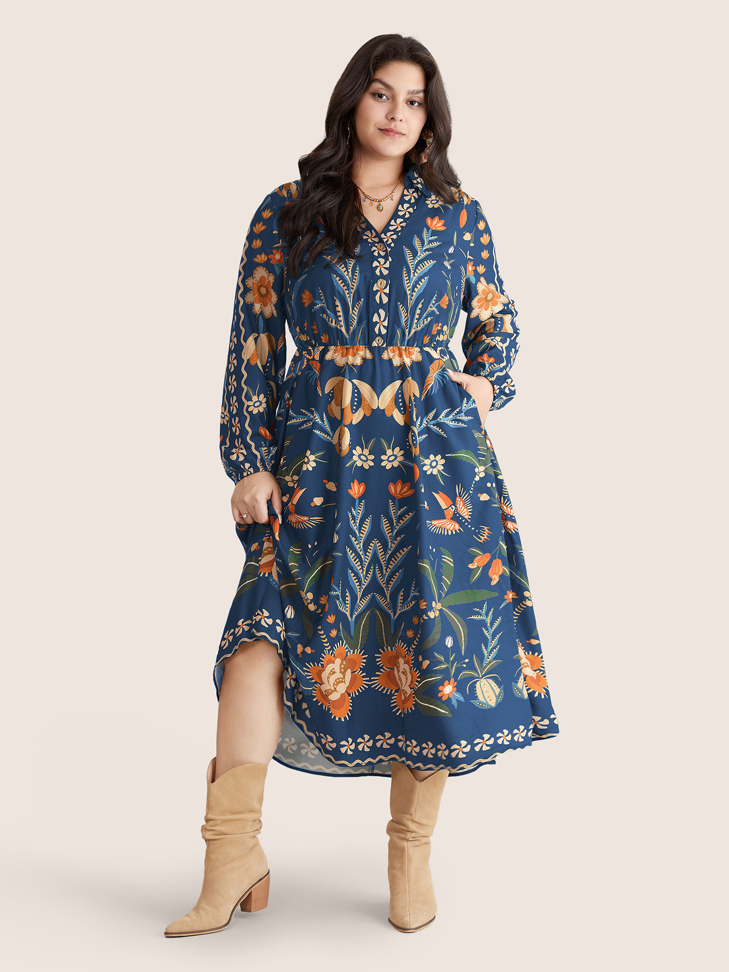 

Plus Size Bandana Print Pocket Lapel Collar Elastic Cuffs Dress Blue Women Resort Non V-neck Long Sleeve Curvy Midi Dress BloomChic