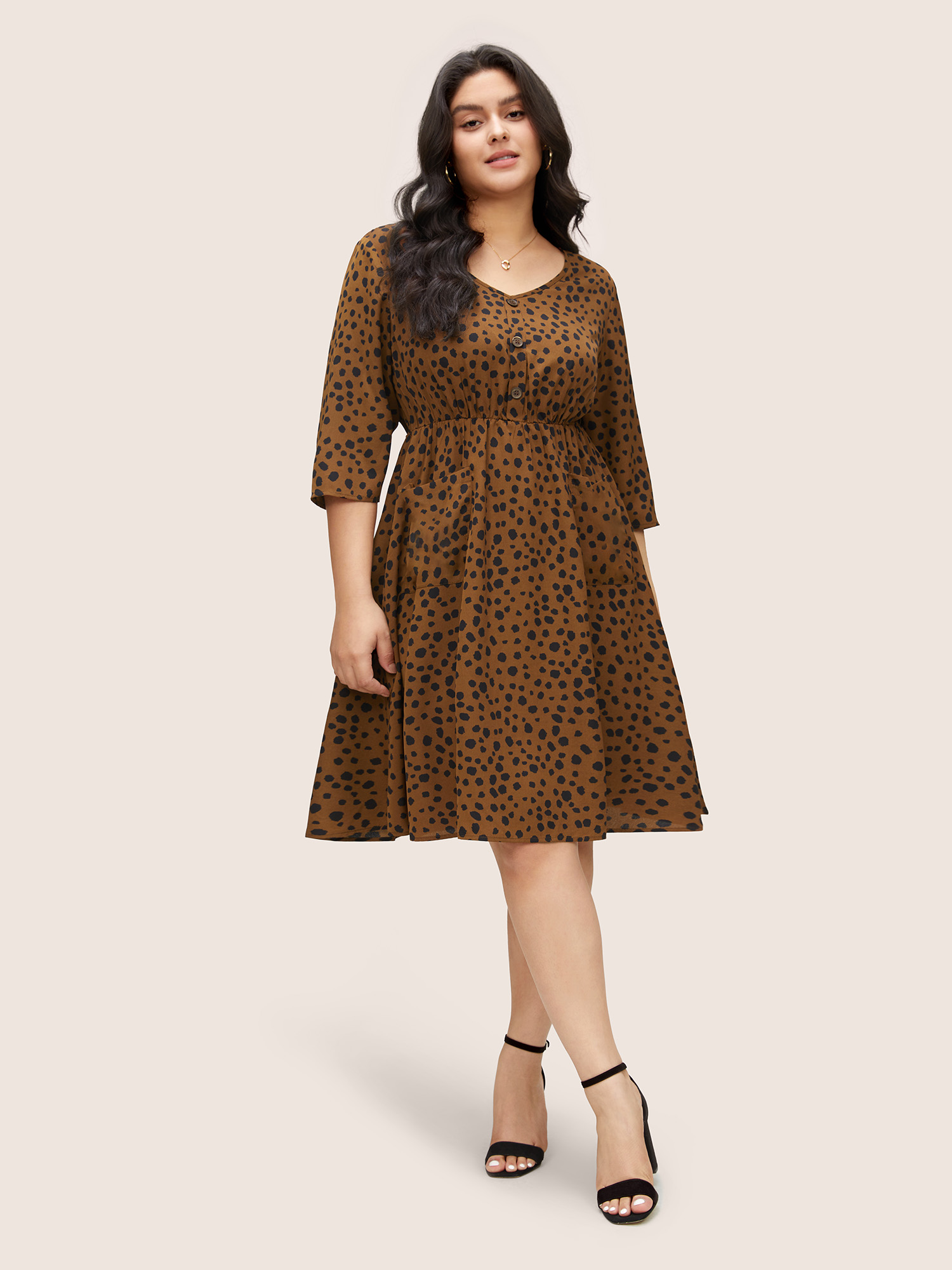 

Plus Size Leopard Elastic Waist Pocket Button Detail Dress Chocolate Women Work From Home Non V-neck Elbow-length sleeve Curvy Midi Dress BloomChic