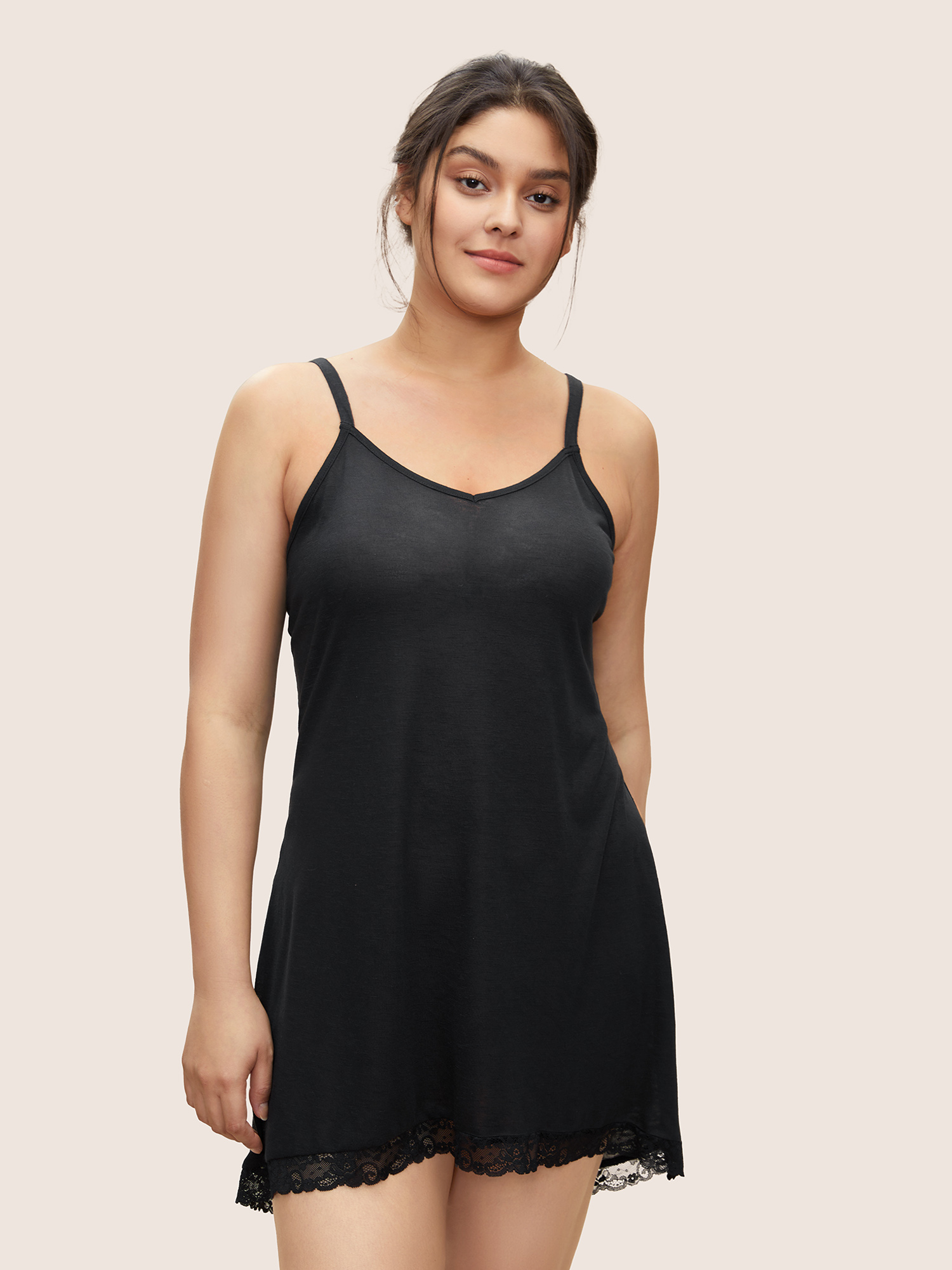 

Plus Size Plain Lace Panel Cami Sleep Dress Black Sleeveless U-neck Lounge Everyday  Bloomchic