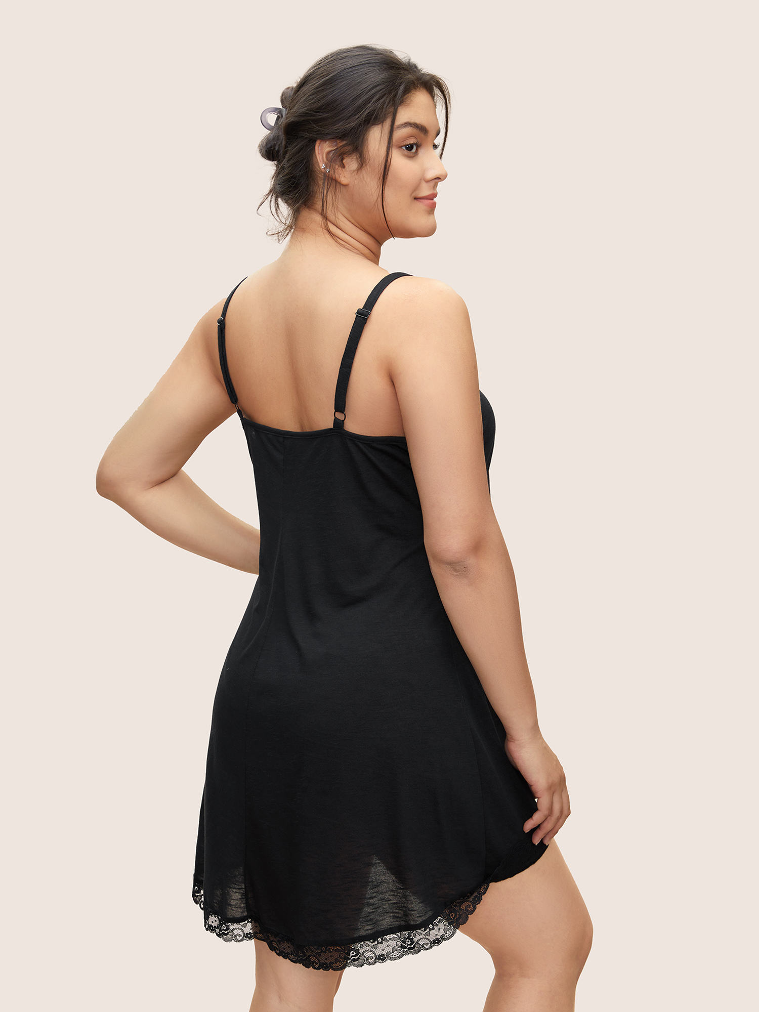 

Plus Size Plain Lace Panel Cami Sleep Dress Black Sleeveless U-neck Lounge Everyday  Bloomchic