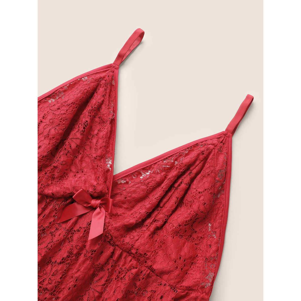 

Plus Size Guipure Lace Wrap Bowknot Cami Sleep Top Raspberry Plain Deep V-neck Everyday Lounge  Bloomchic