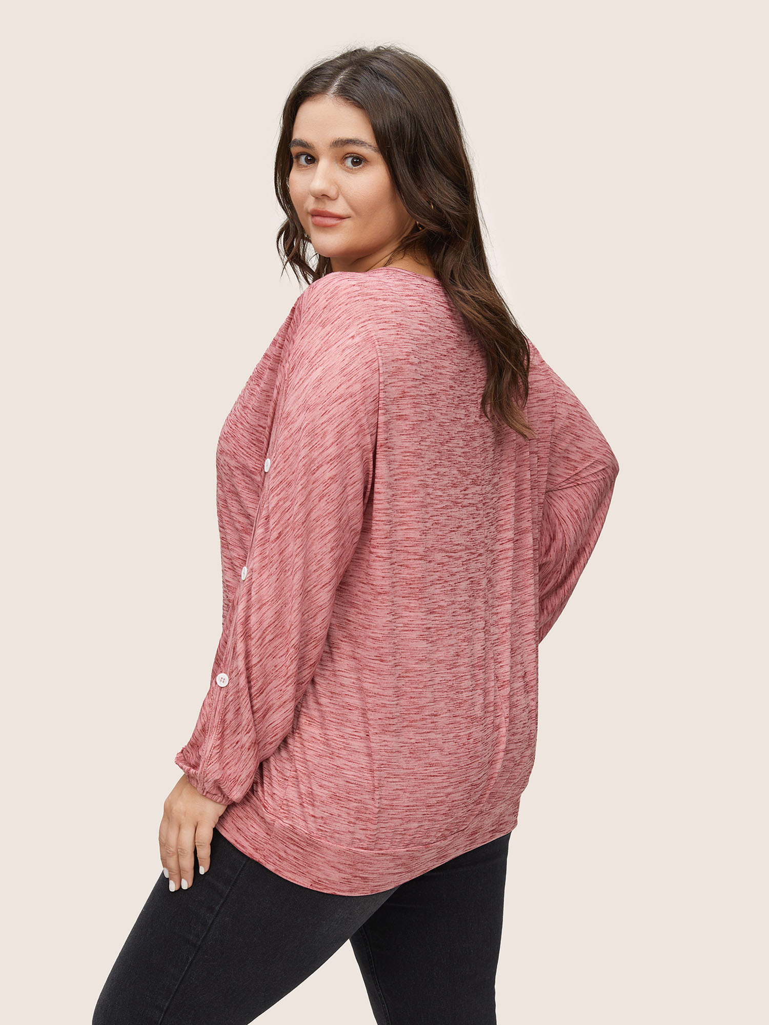 

Plus Size Heather Button Detail Dolman Sleeve T-shirt Rouge Women Casual Non Plain Round Neck Everyday T-shirts BloomChic