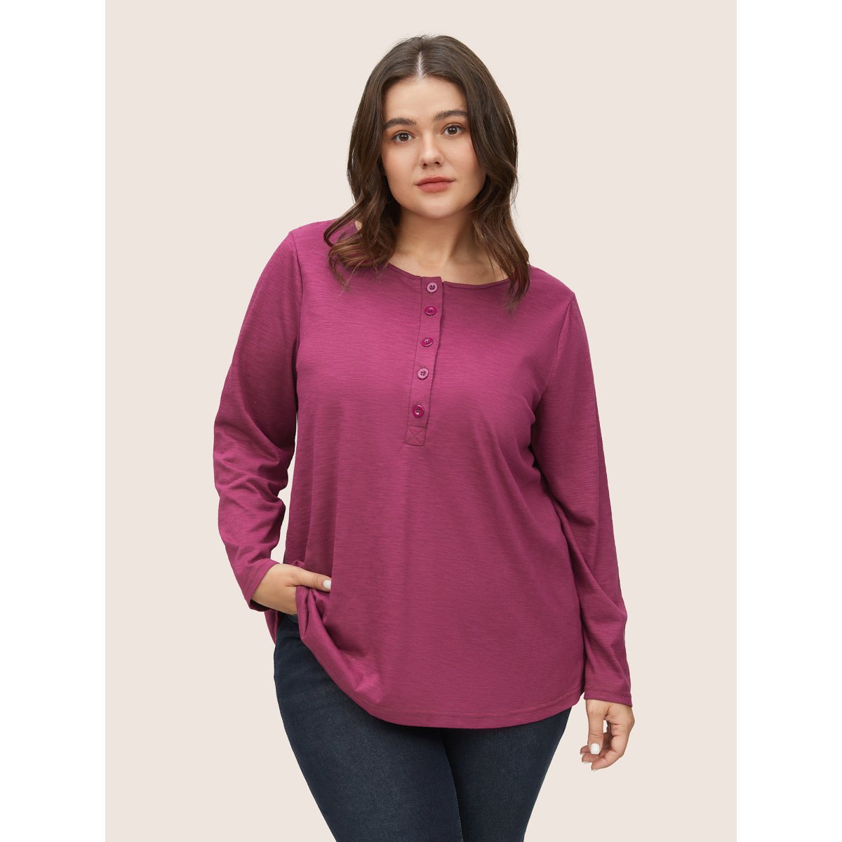 

Plus Size Solid Heather Button Up T-shirt RedViolet Women Casual Non Plain Round Neck Everyday T-shirts BloomChic