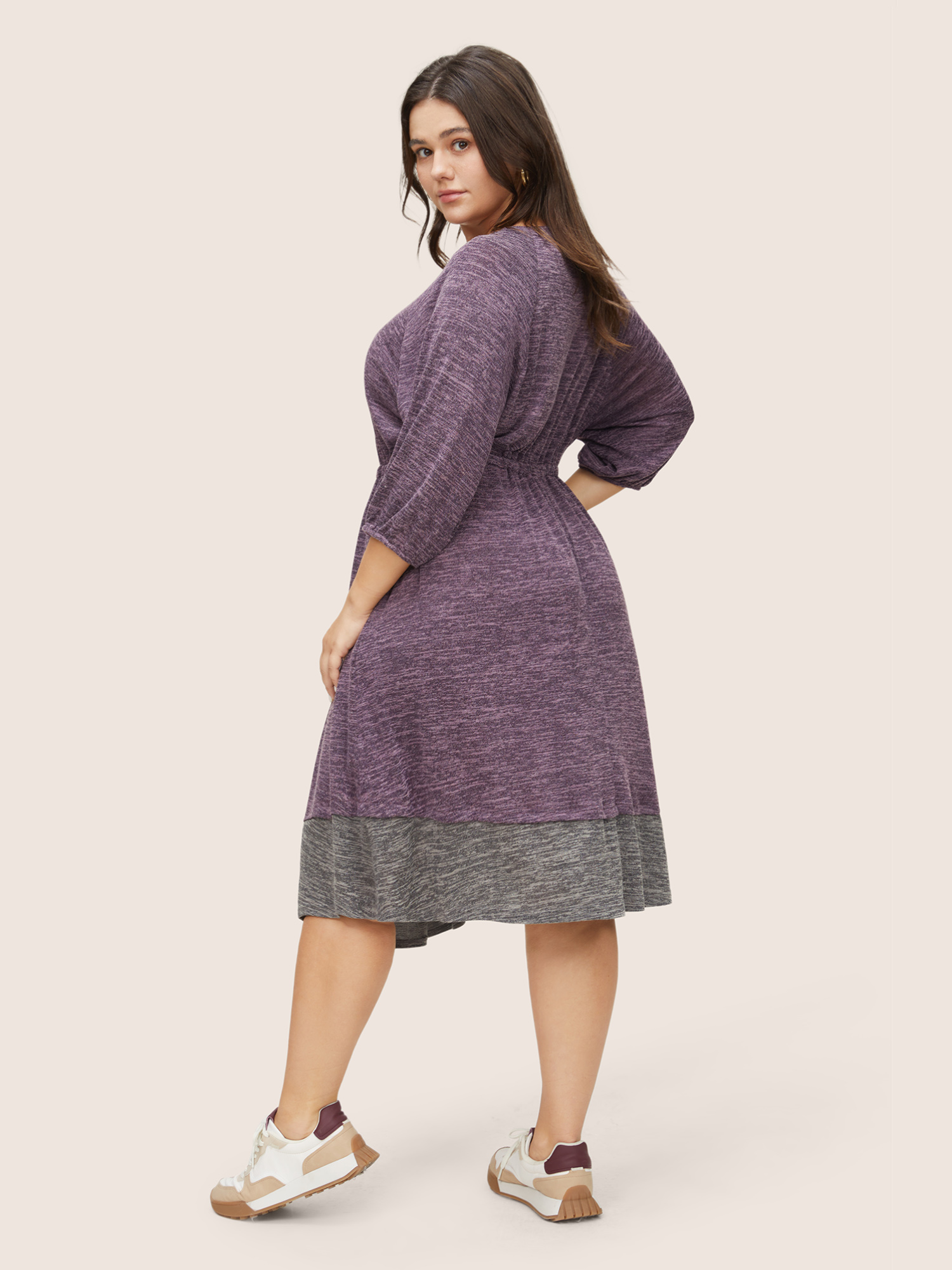 

Plus Size Heather Drawstring Pocket Contrast Patchwork Dress Eggplant Women Casual Non Round Neck Elbow-length sleeve Curvy Midi Dress BloomChic