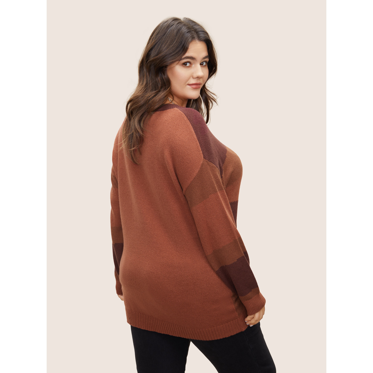 

Plus Size Supersoft Essentials Colorblock Contrast Drop Shoulder Pullover Rust Women Casual Long Sleeve Round Neck Everyday Pullovers BloomChic