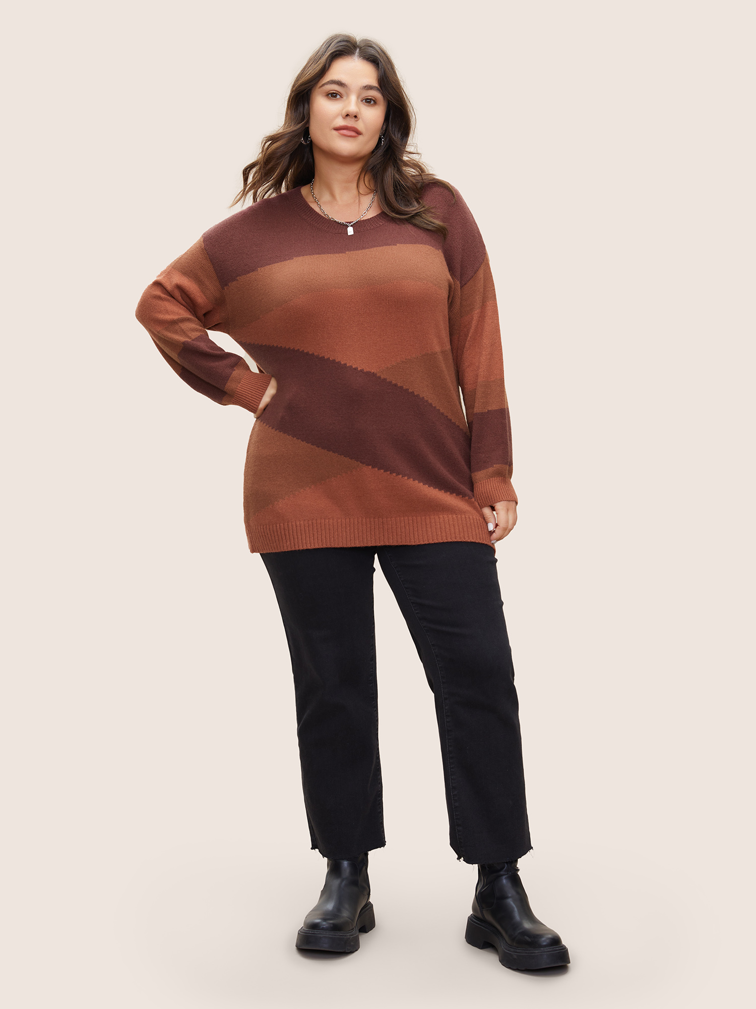 

Plus Size Supersoft Essentials Colorblock Contrast Drop Shoulder Pullover Rust Women Casual Long Sleeve Round Neck Everyday Pullovers BloomChic