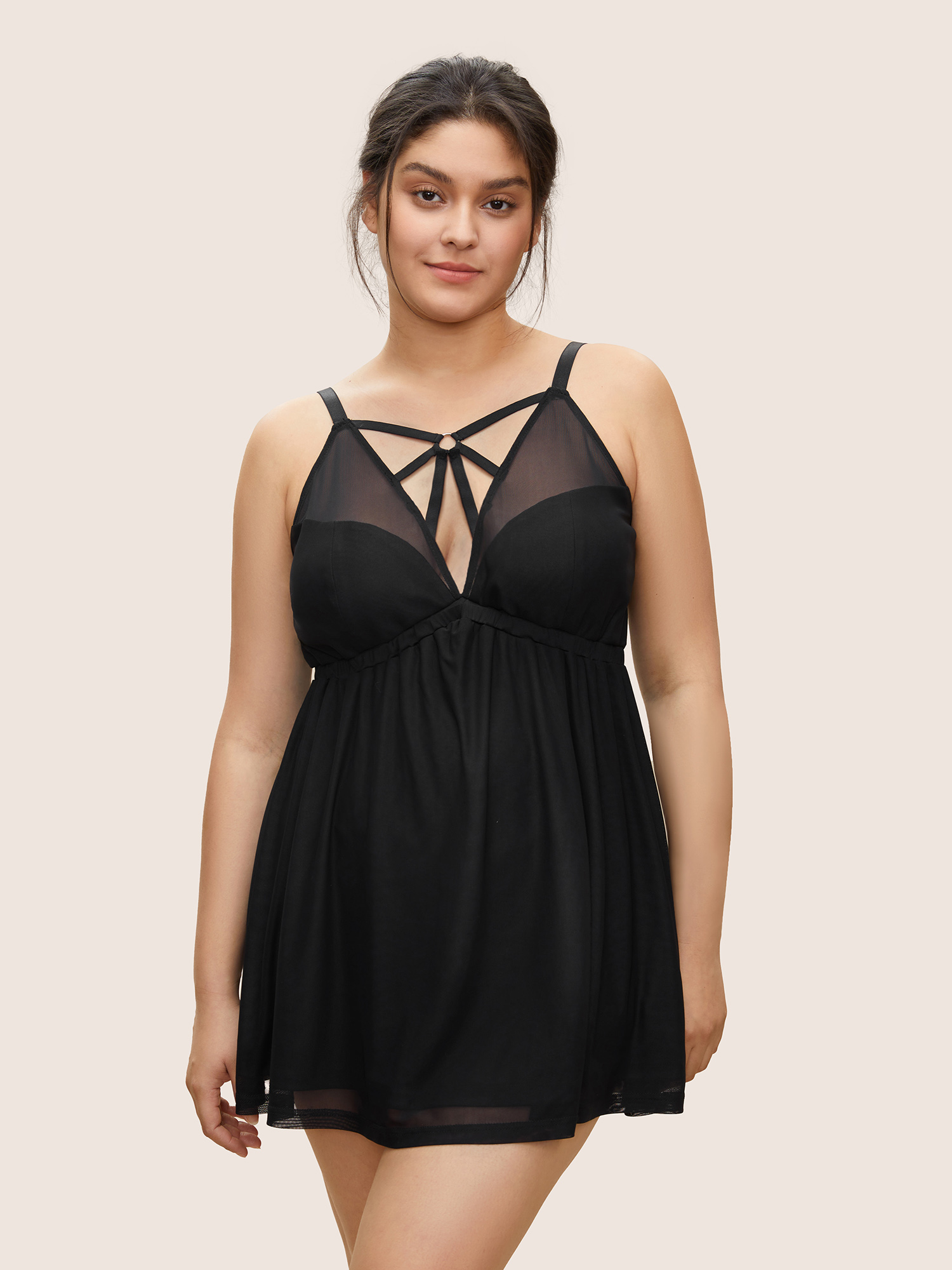 

Plus Size Crisscross Ring Mesh Patchwork Sleep Dress Black Sleeveless Spaghetti Strap Lounge Everyday  Bloomchic