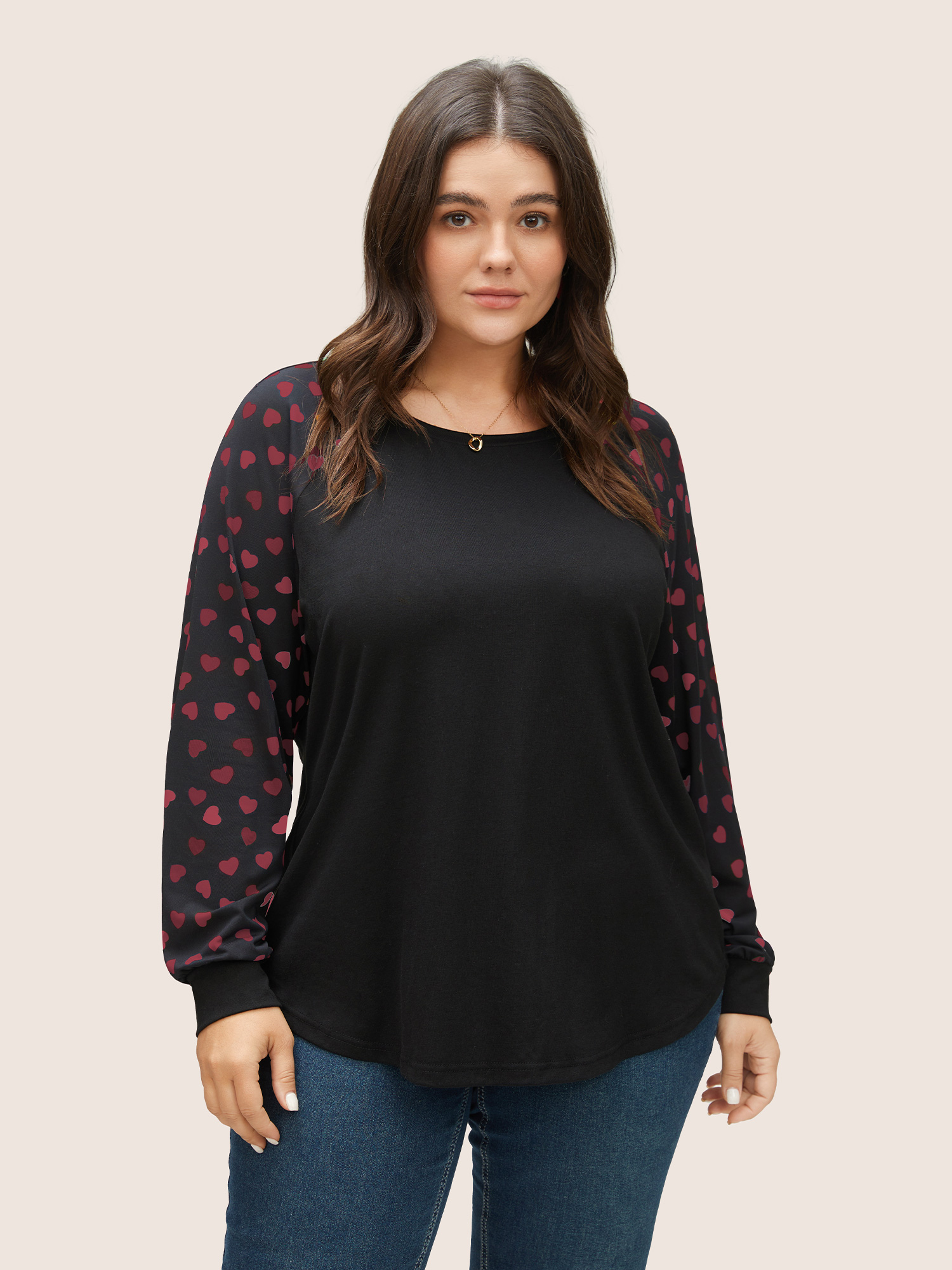 

Plus Size Colour Heart Print Raglan Sleeve T-shirt Multicolor Women Elegant Non Heart Print Round Neck Everyday T-shirts BloomChic