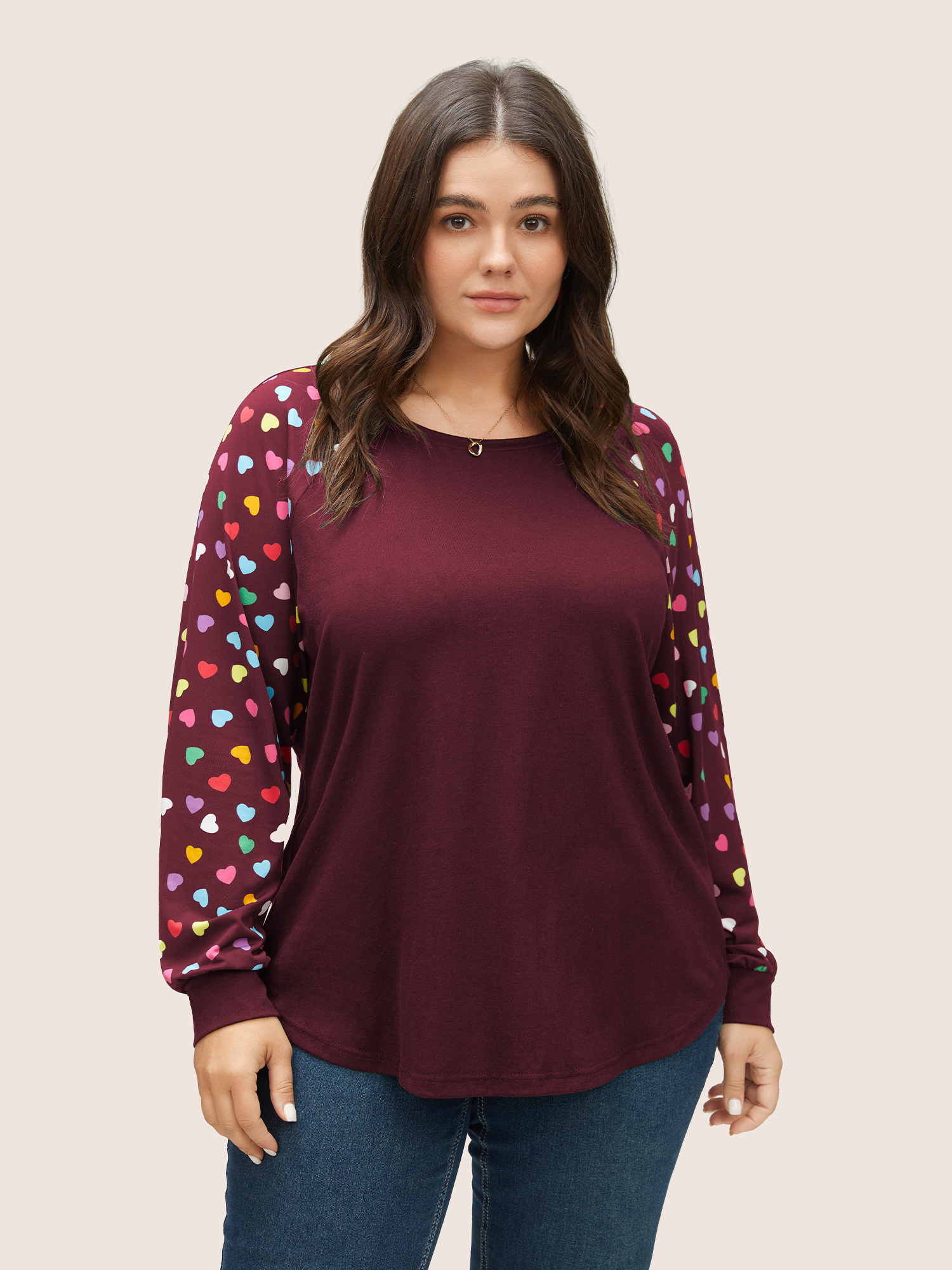 

Plus Size Colour Heart Print Raglan Sleeve T-shirt Burgundy Women Elegant Non Heart Print Round Neck Everyday T-shirts BloomChic