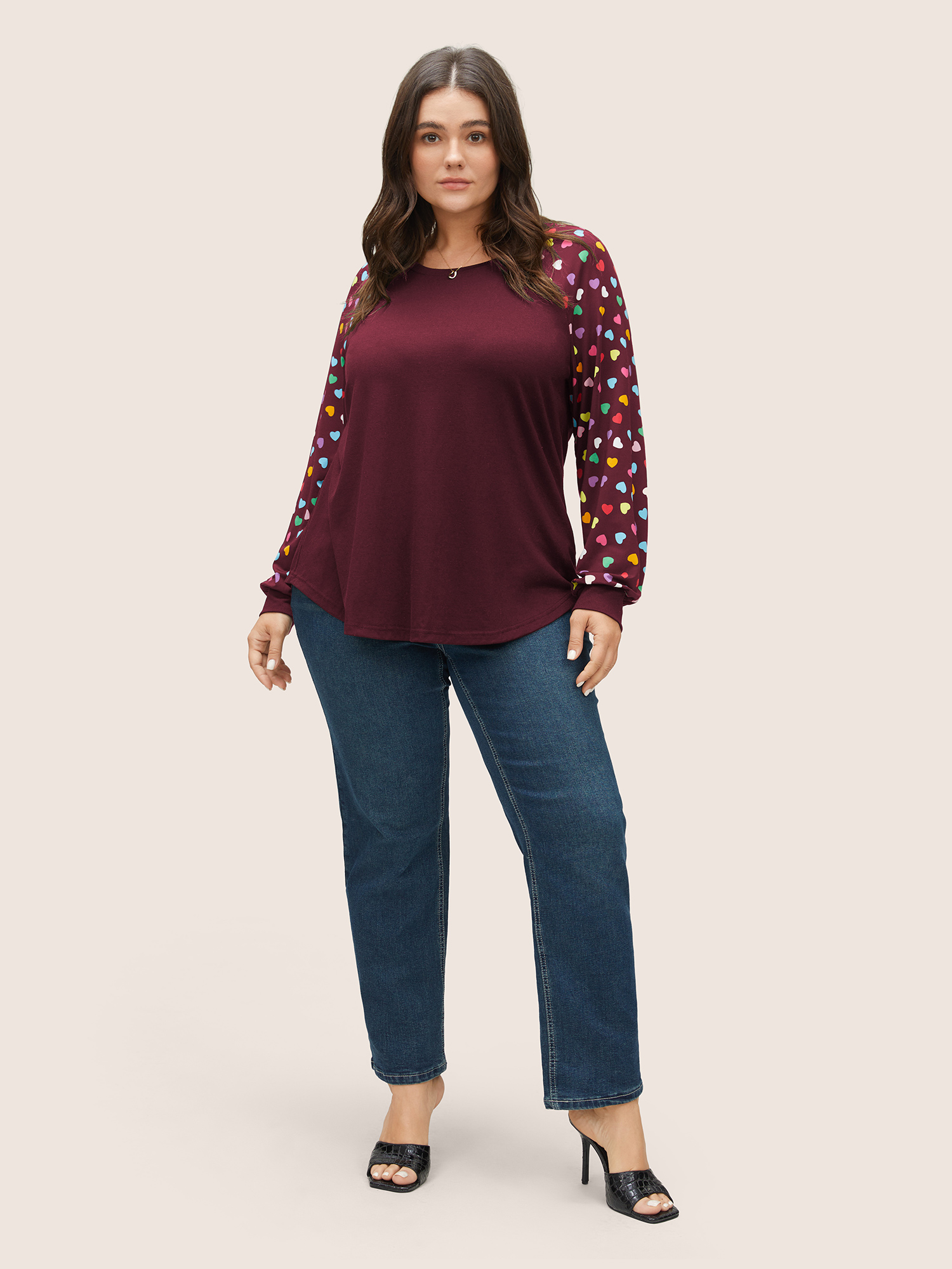 

Plus Size Colour Heart Print Raglan Sleeve T-shirt Burgundy Women Elegant Non Heart Print Round Neck Everyday T-shirts BloomChic