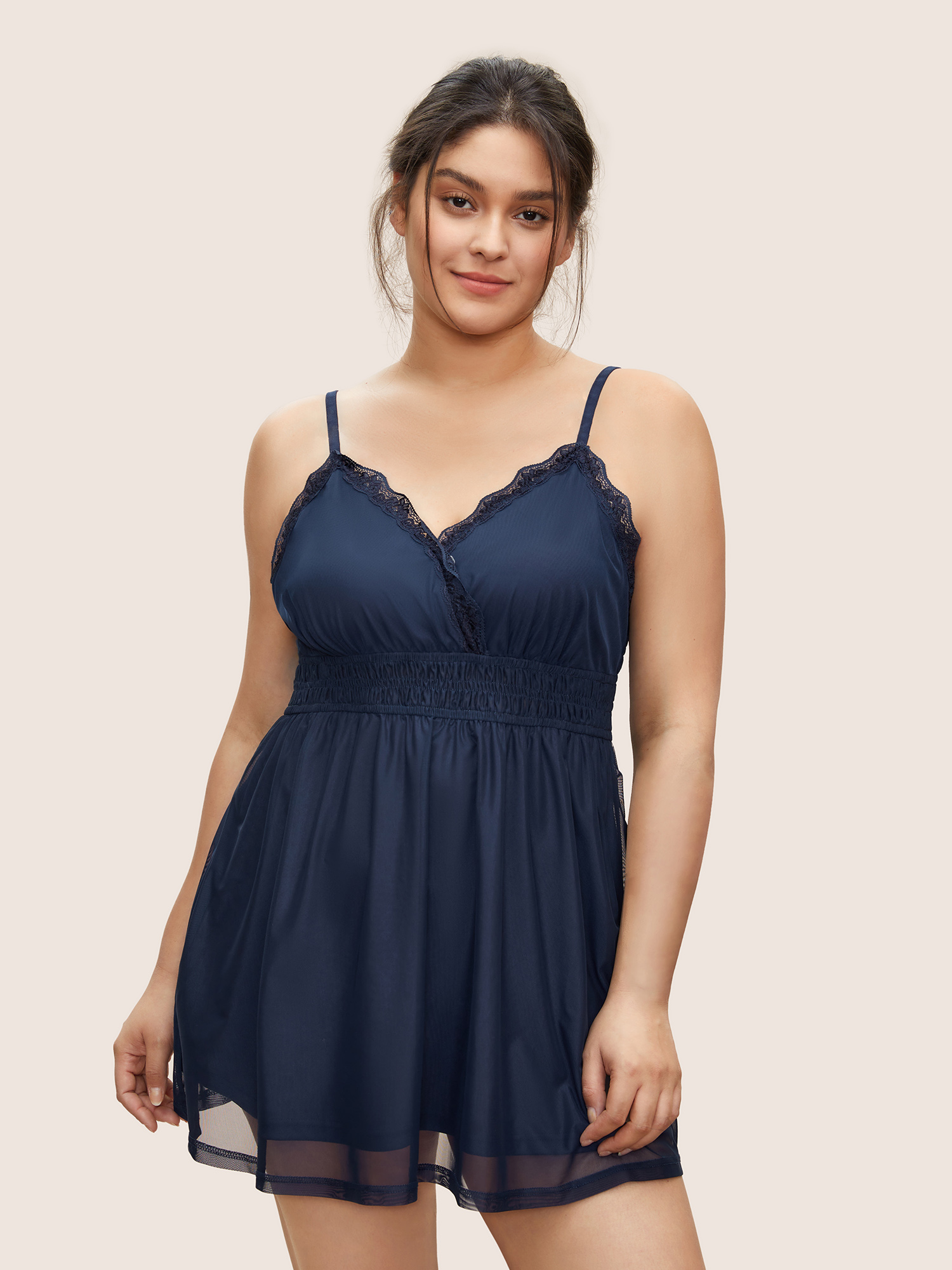 

Plus Size Guipure Lace Shirred Mesh Cami Sleep Dress DarkBlue Sleeveless Spaghetti Strap Elegant Dailywear  Bloomchic