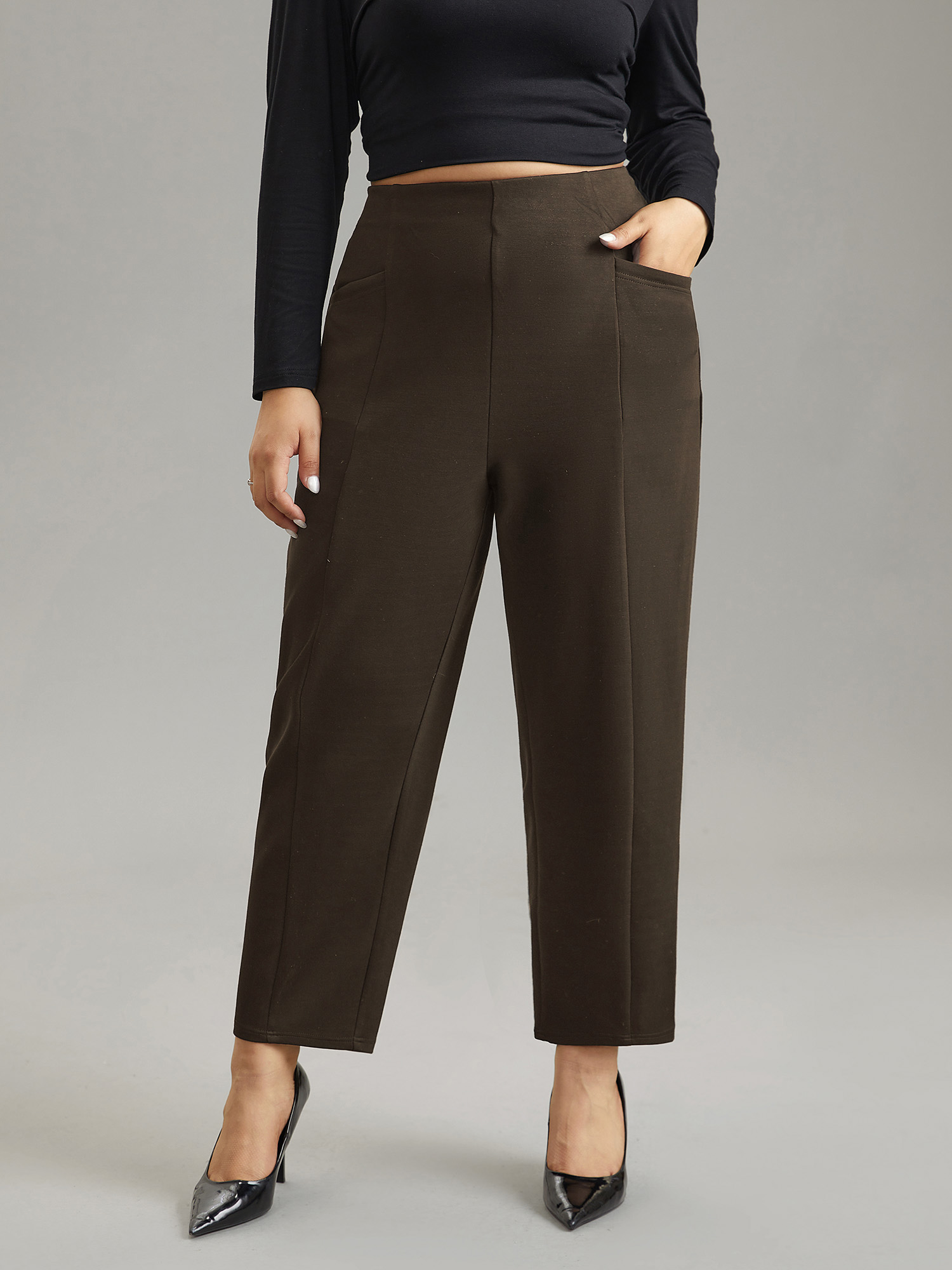 

Plus Size Solid Seam Detail Mid Rise Pants Women DarkBrown Workwear Essentials Straight Leg Mid Rise Work Pants BloomChic