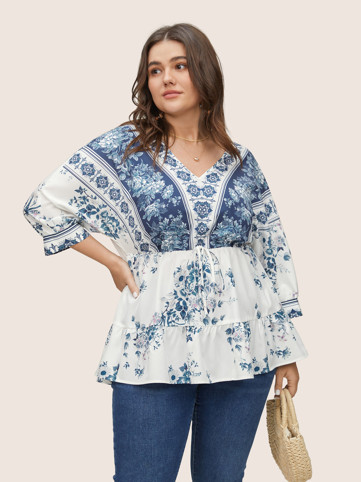 

Plus Size Stone Boho Print Elastic Waist Ties Gathered Blouse Women Resort Elbow-length sleeve V-neck Vacation Blouses BloomChic