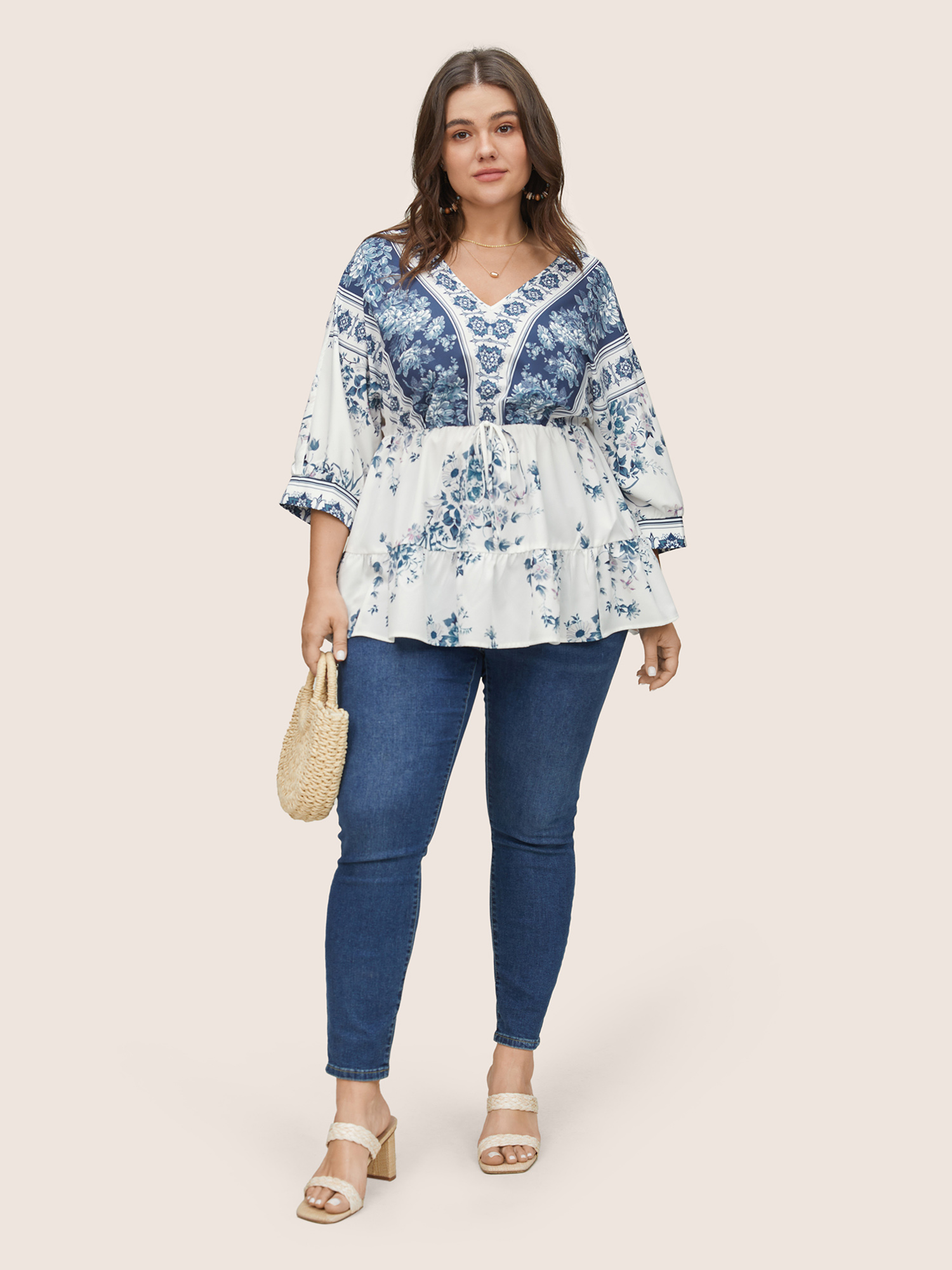 

Plus Size Stone Boho Print Elastic Waist Ties Gathered Blouse Women Resort Elbow-length sleeve V-neck Vacation Blouses BloomChic