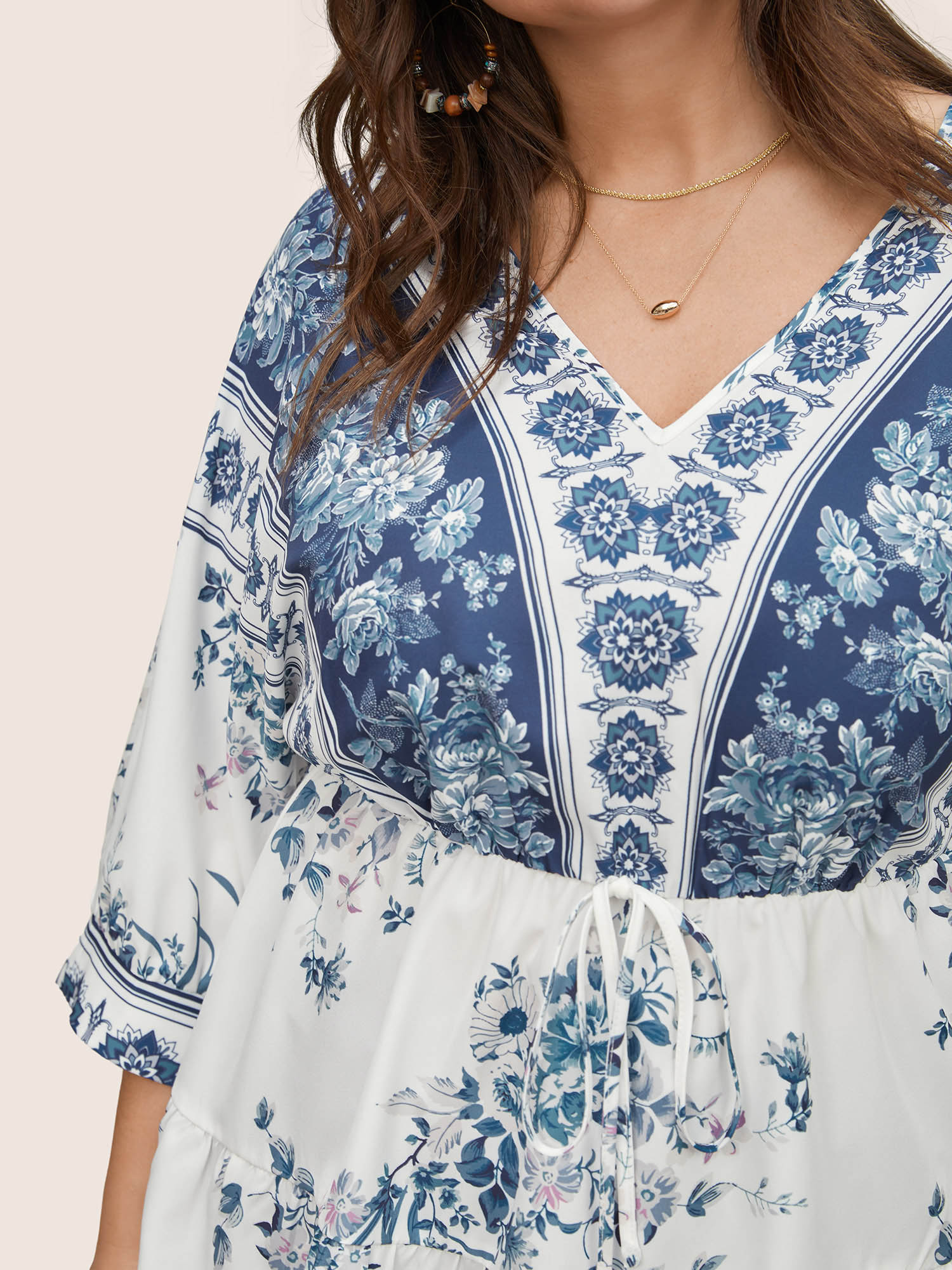 Plus Size Stone Boho Print Elastic Waist Ties Gathered Blouse Women Resort Elbow-length sleeve V-neck Vacation Blouses BloomChic 28/5X 