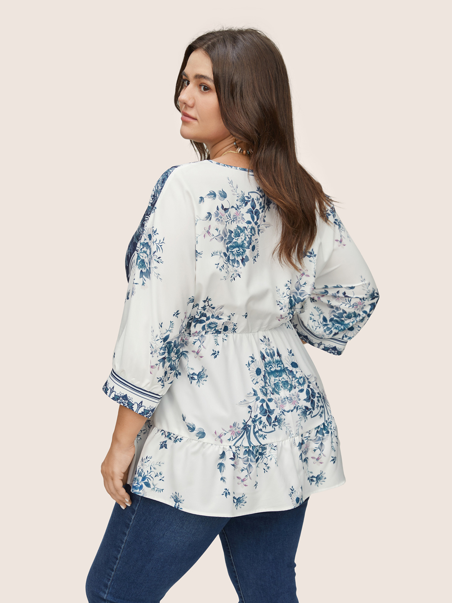 Plus Size Stone Boho Print Elastic Waist Ties Gathered Blouse Women Resort Elbow-length sleeve V-neck Vacation Blouses BloomChic 28/5X 