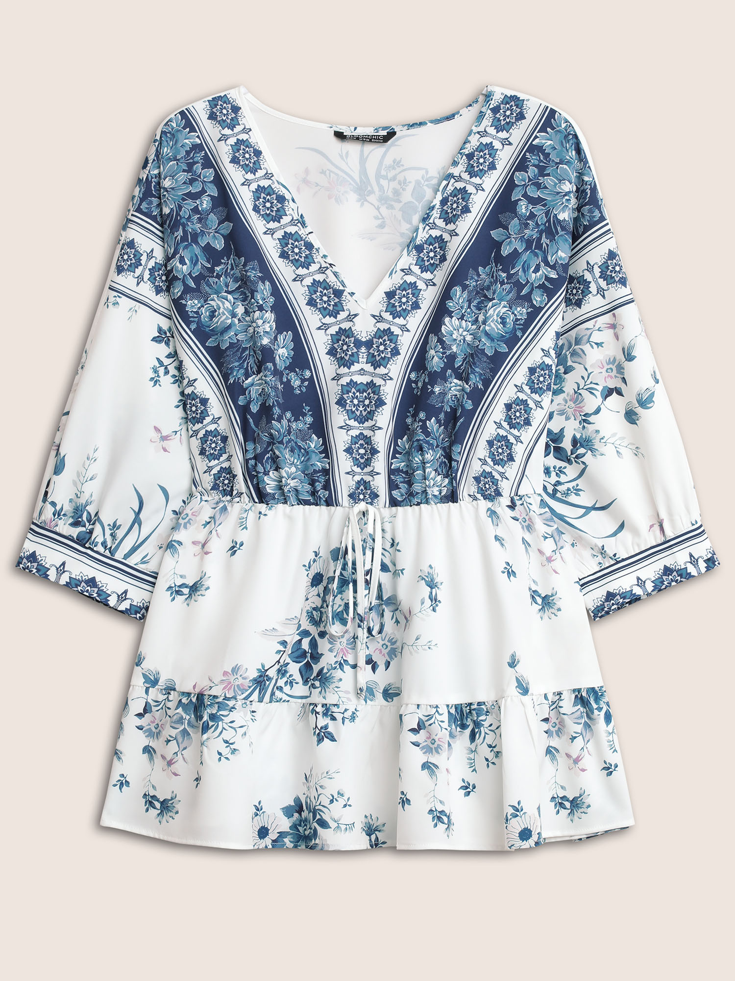 Plus Size Stone Boho Print Elastic Waist Ties Gathered Blouse Women Resort Elbow-length sleeve V-neck Vacation Blouses BloomChic 28/5X 